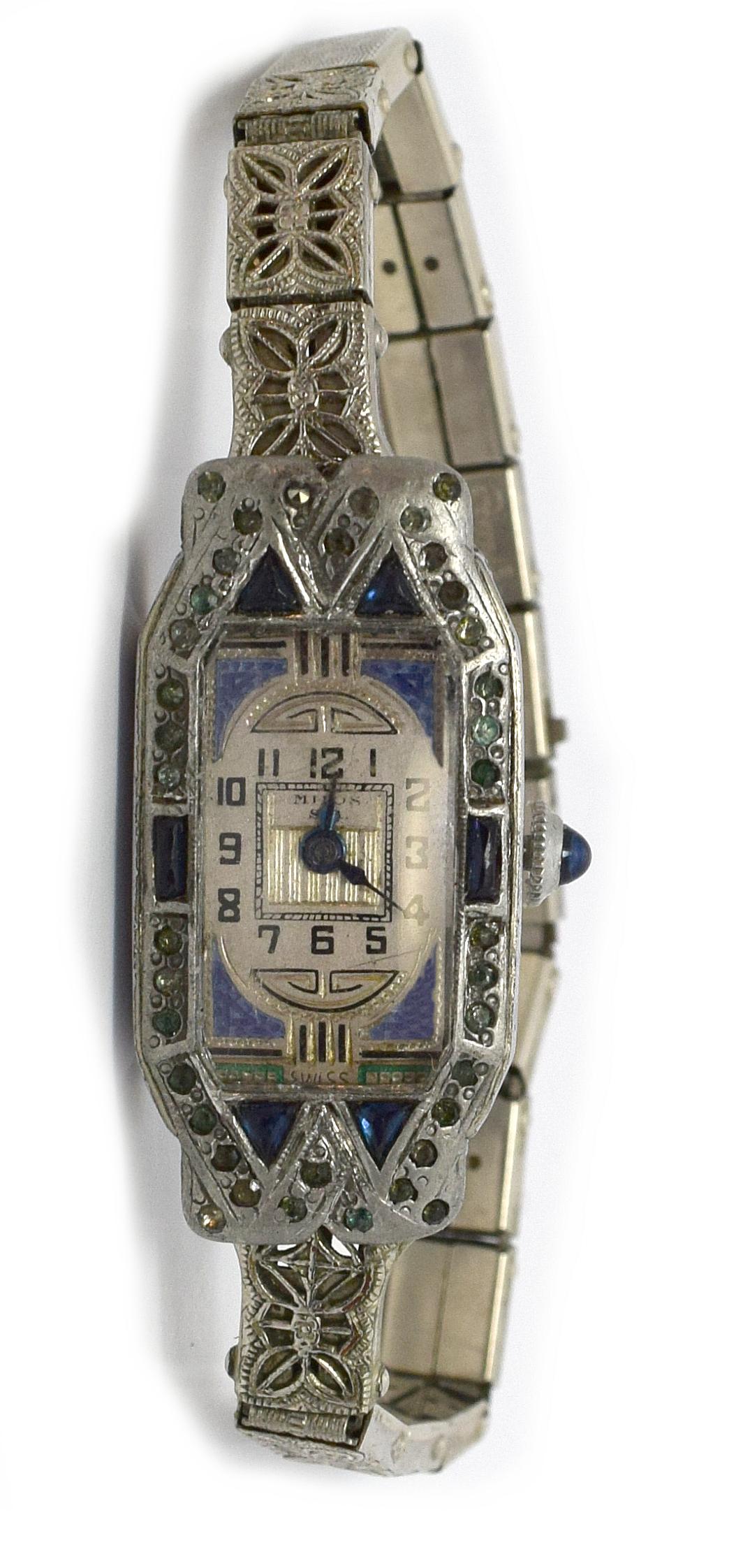 1930s Art Deco Ladies Sapphire Marcasite Enamel Watch with a Filigree Band 1