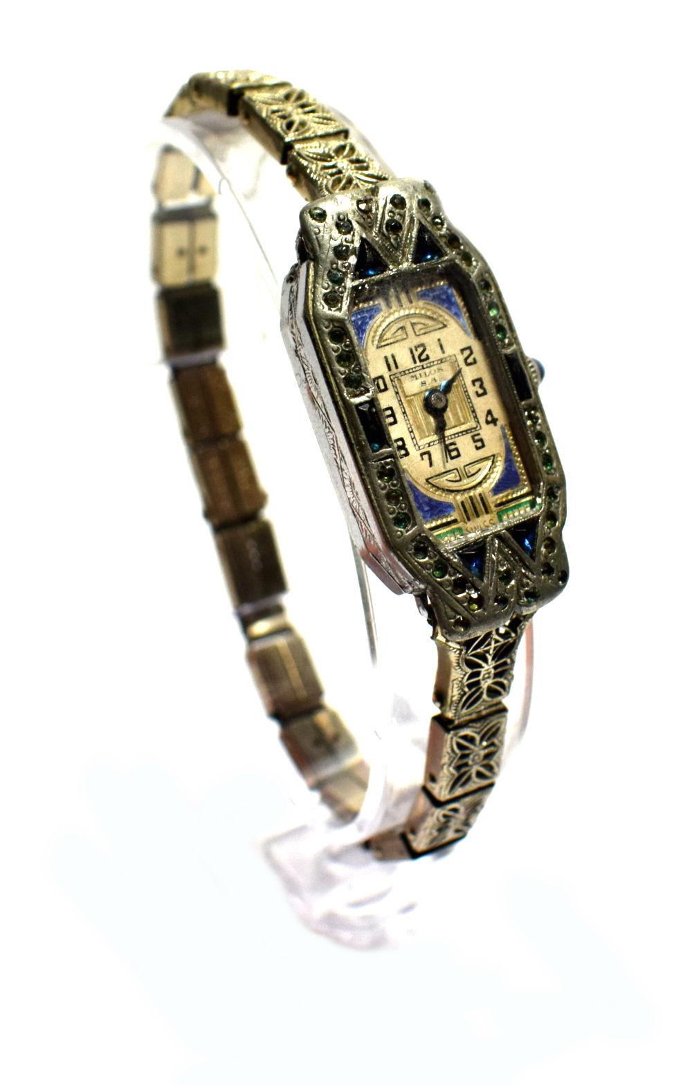 1930s Art Deco Ladies Sapphire Marcasite Enamel Watch with a Filigree Band 2