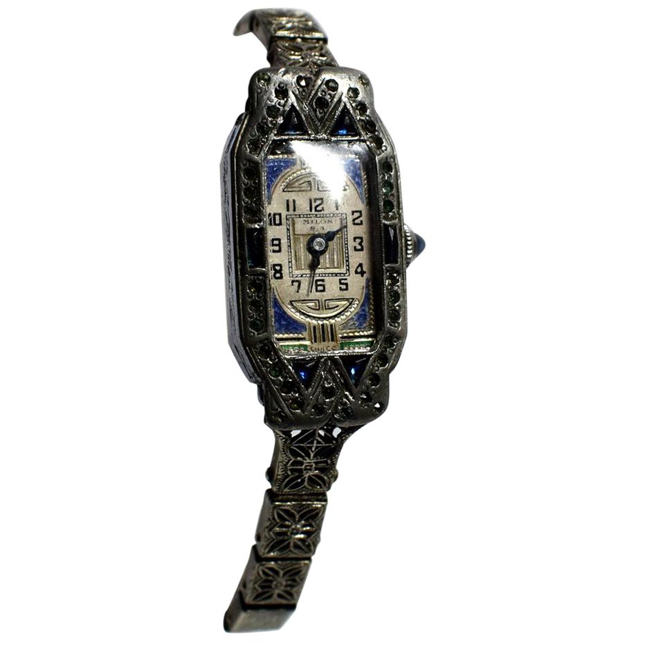 1930s Art Deco Ladies Sapphire Marcasite Enamel Watch with a Filigree Band