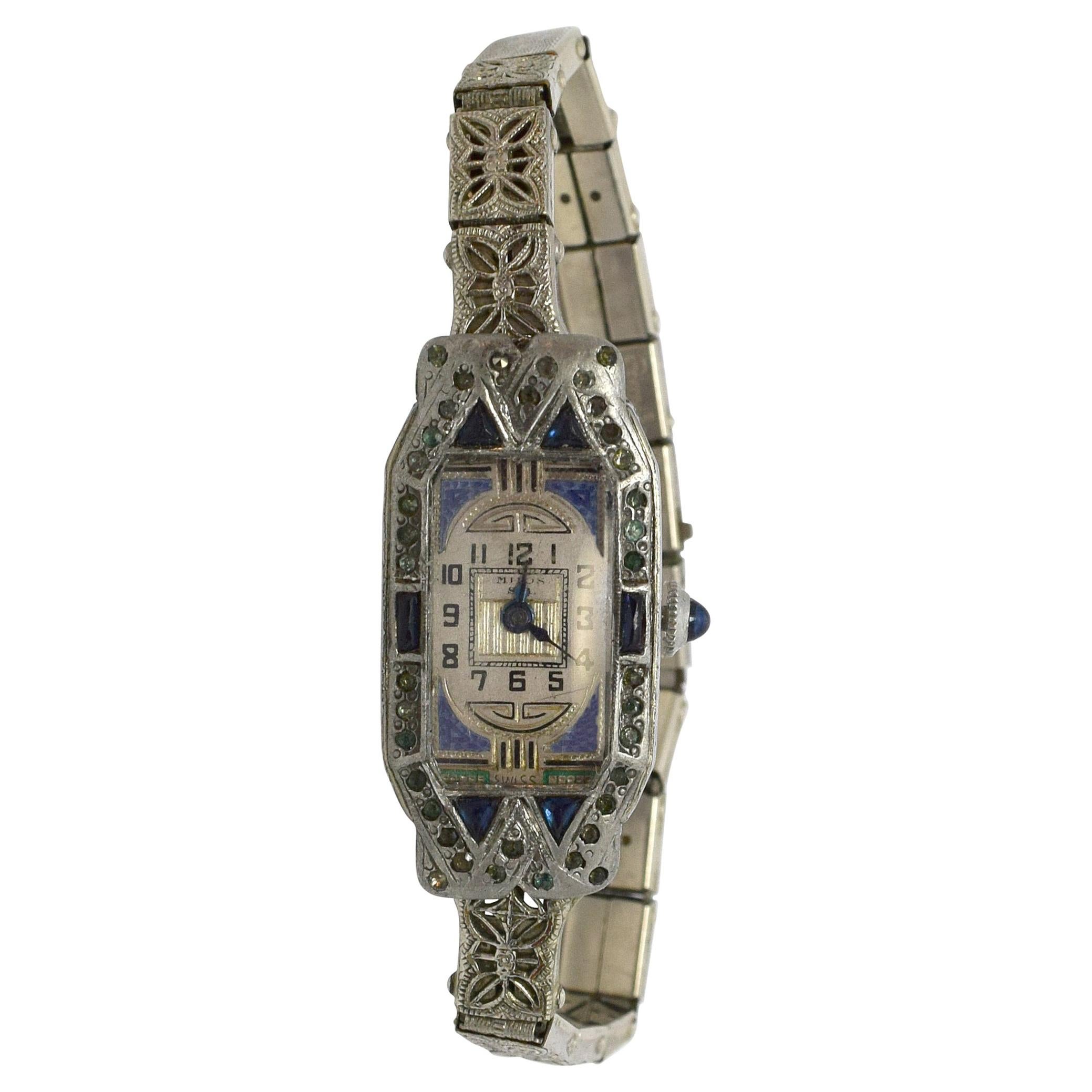 1930s Art Deco Ladies Sapphire Marcasite Enamel Watch with a Filigree Band