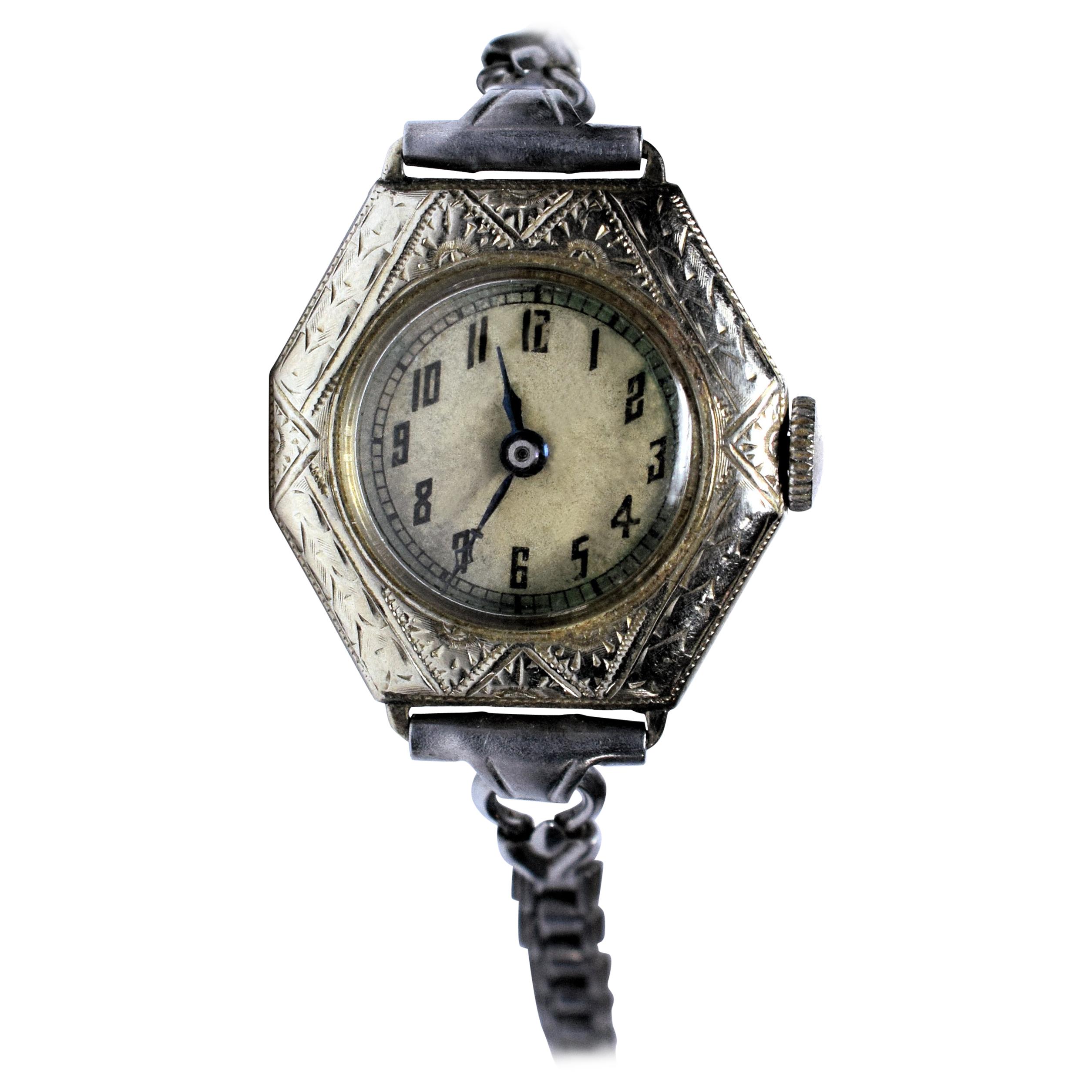 1930s Art Deco Ladies White Gold Filled Wrist Watch