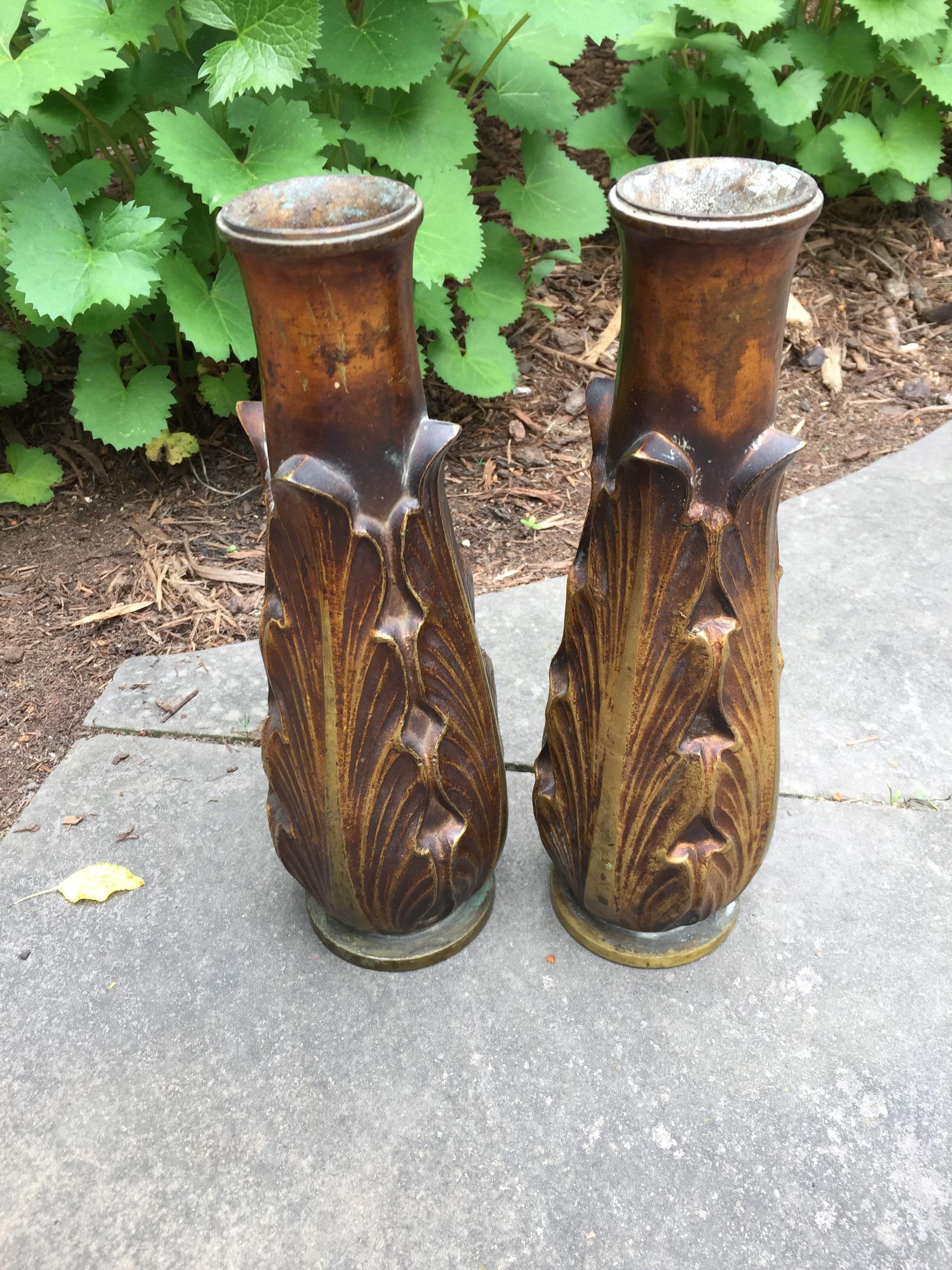 Hand-Crafted 1930s Art Deco Large Bronze Candleholders or Vases, a Pair For Sale