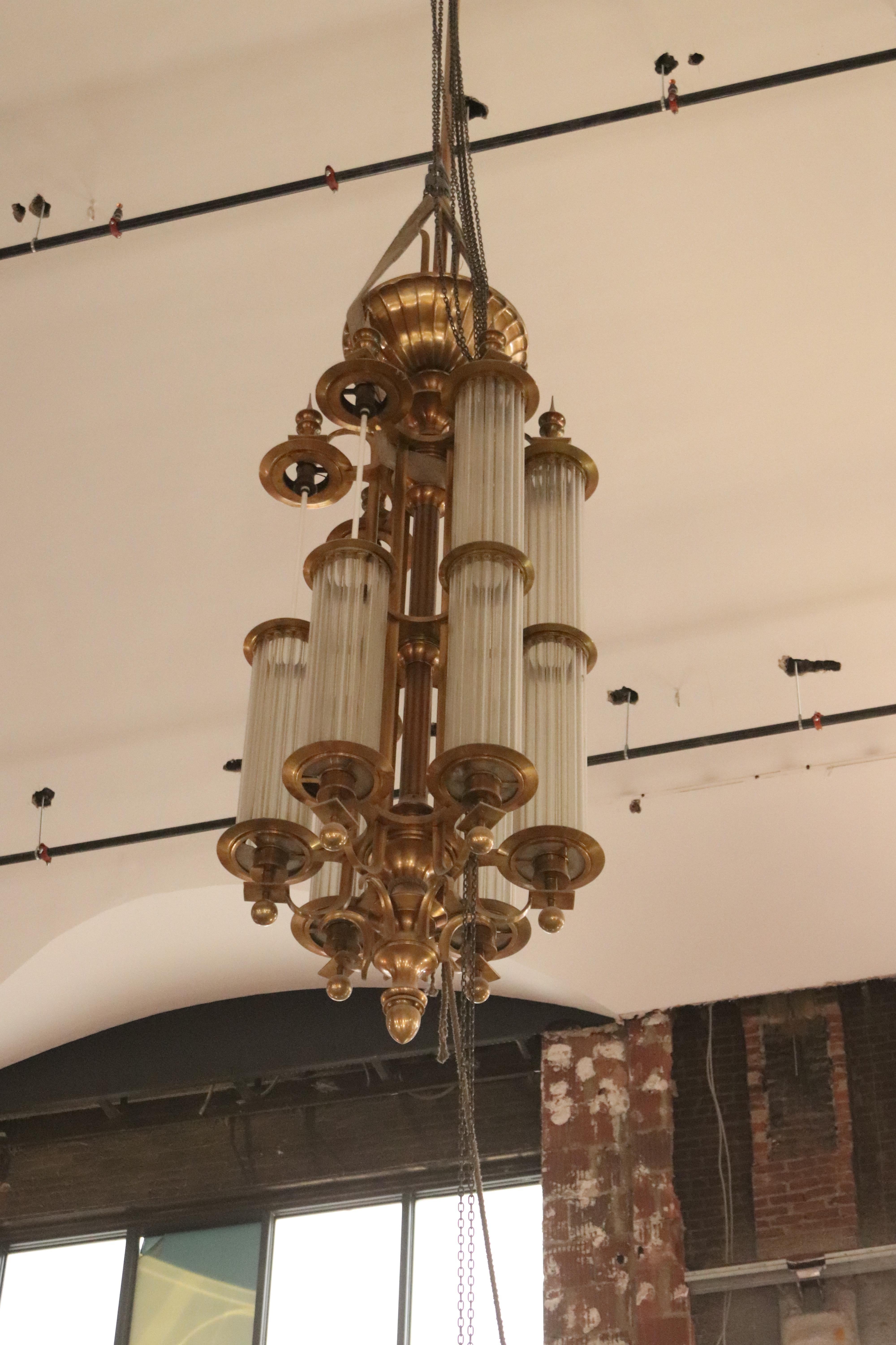 1930s Art Deco Large Scale Brass Pendant Light For Sale 12