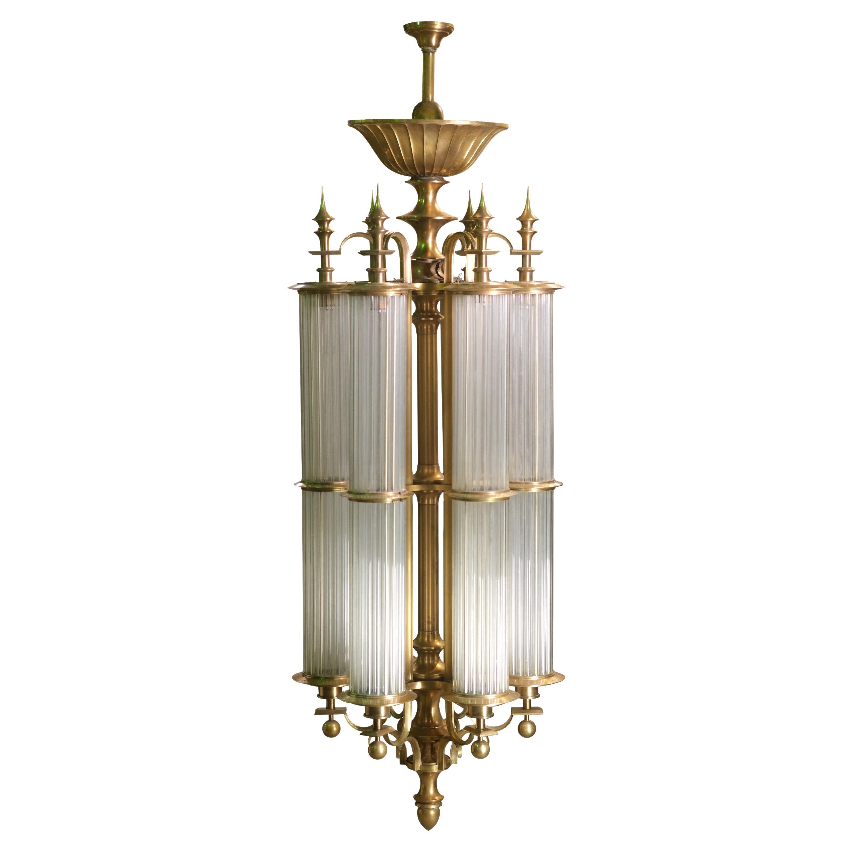 American 1930s Art Deco Large Scale Brass Pendant Light For Sale