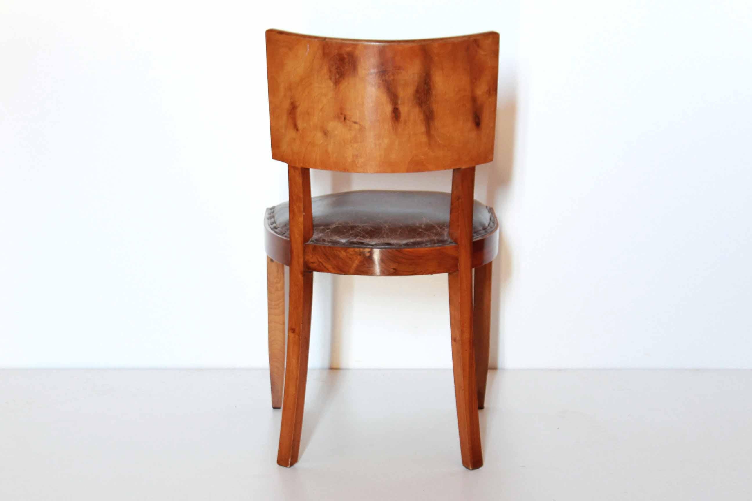 Mid-20th Century 1930s Art Deco Leather and Wood Dining Chairs, Set of Six