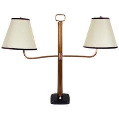 1930s Art Deco Library Table Lamp, Mahogany, Steel, Leather, Parchment, Italy
