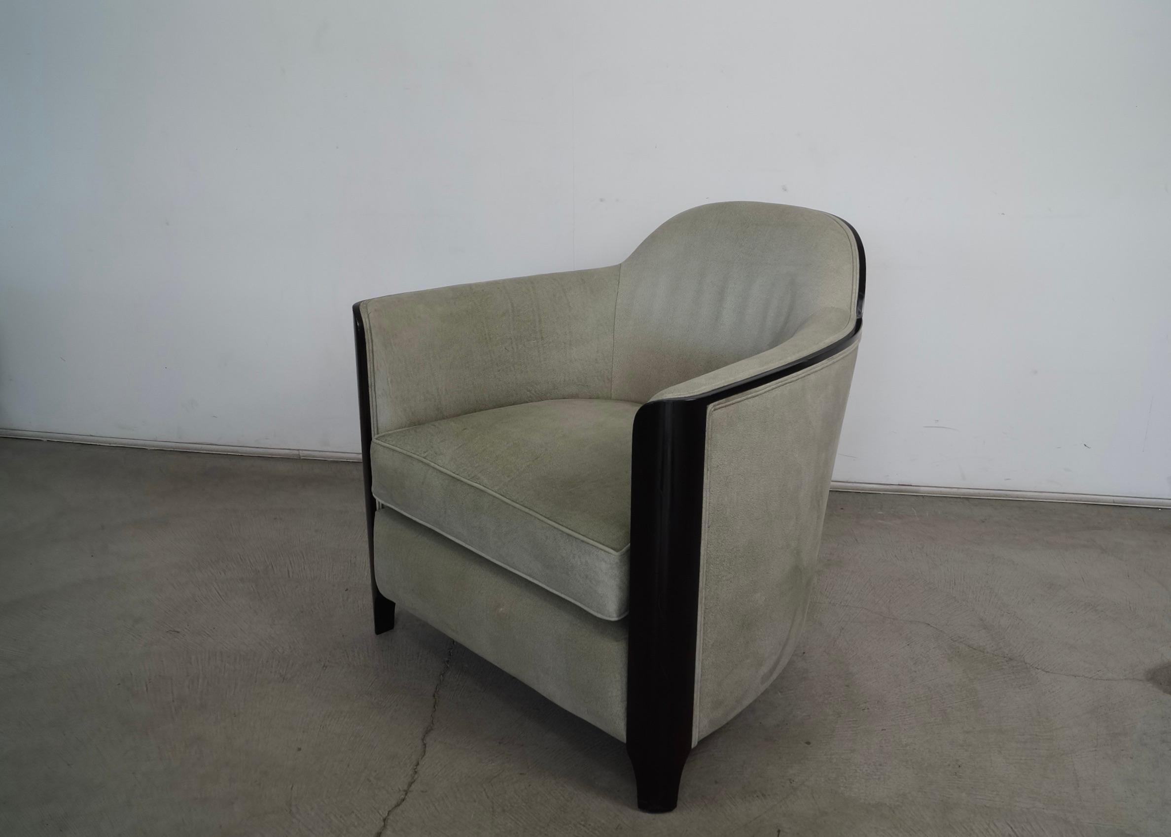 Mid-20th Century 1930's Art Deco Mahogany-Trimmed Leather Barrel Lounge Chair