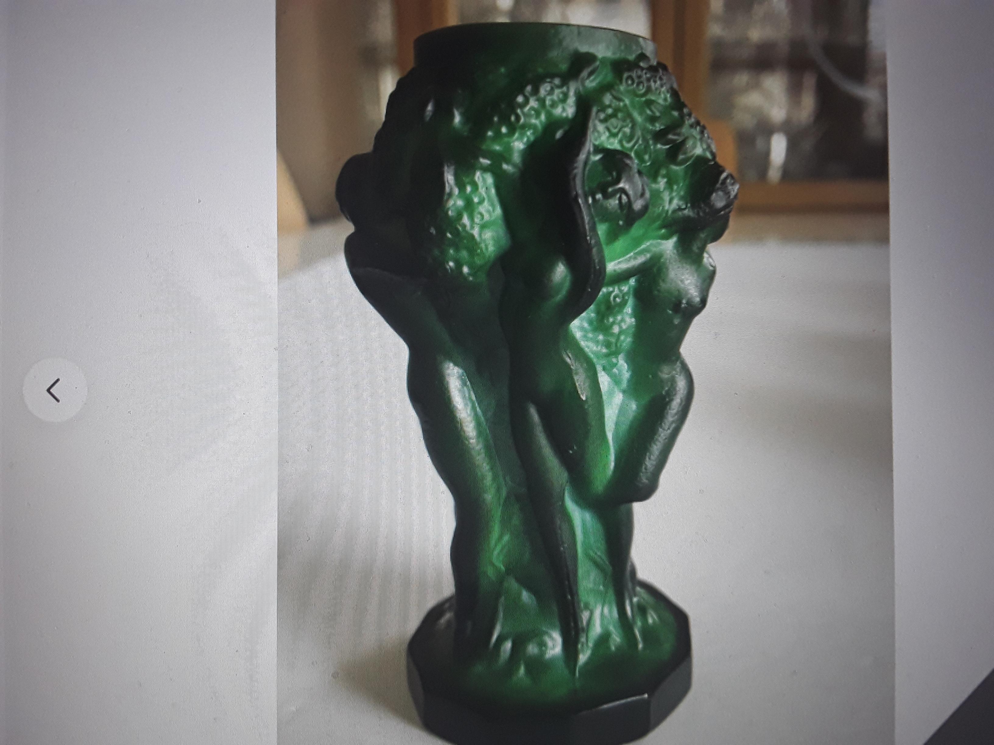 1930's Art Deco Malachite Toned Female Figural Art Glass Vase For Sale 8