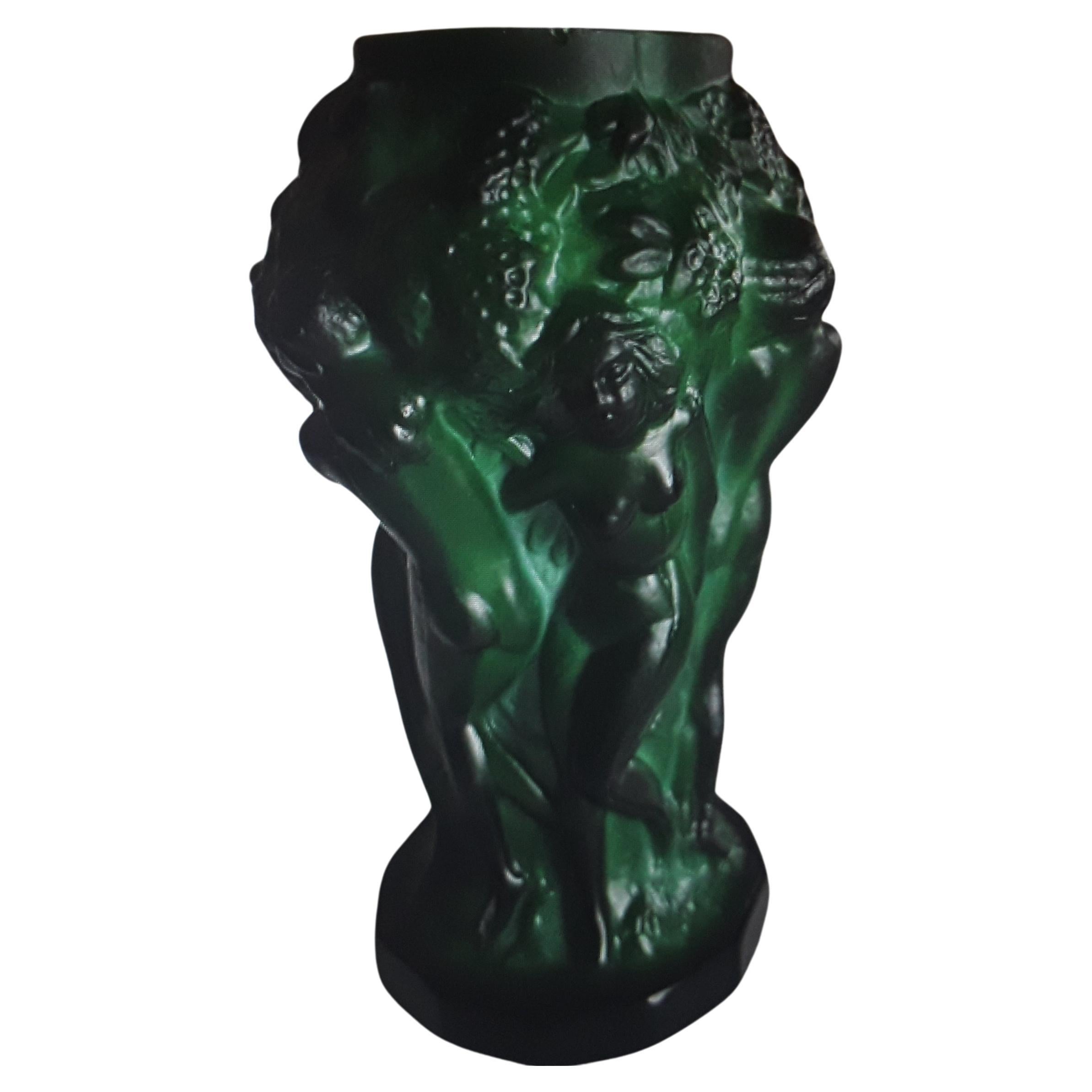 1930's Art Deco Malachite / Jade Toned Art Glass Figural Vase. Small size. Lovely displayed.