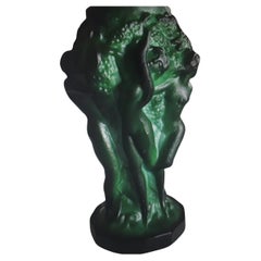 Vintage 1930's Art Deco Malachite Toned Female Figural Art Glass Vase