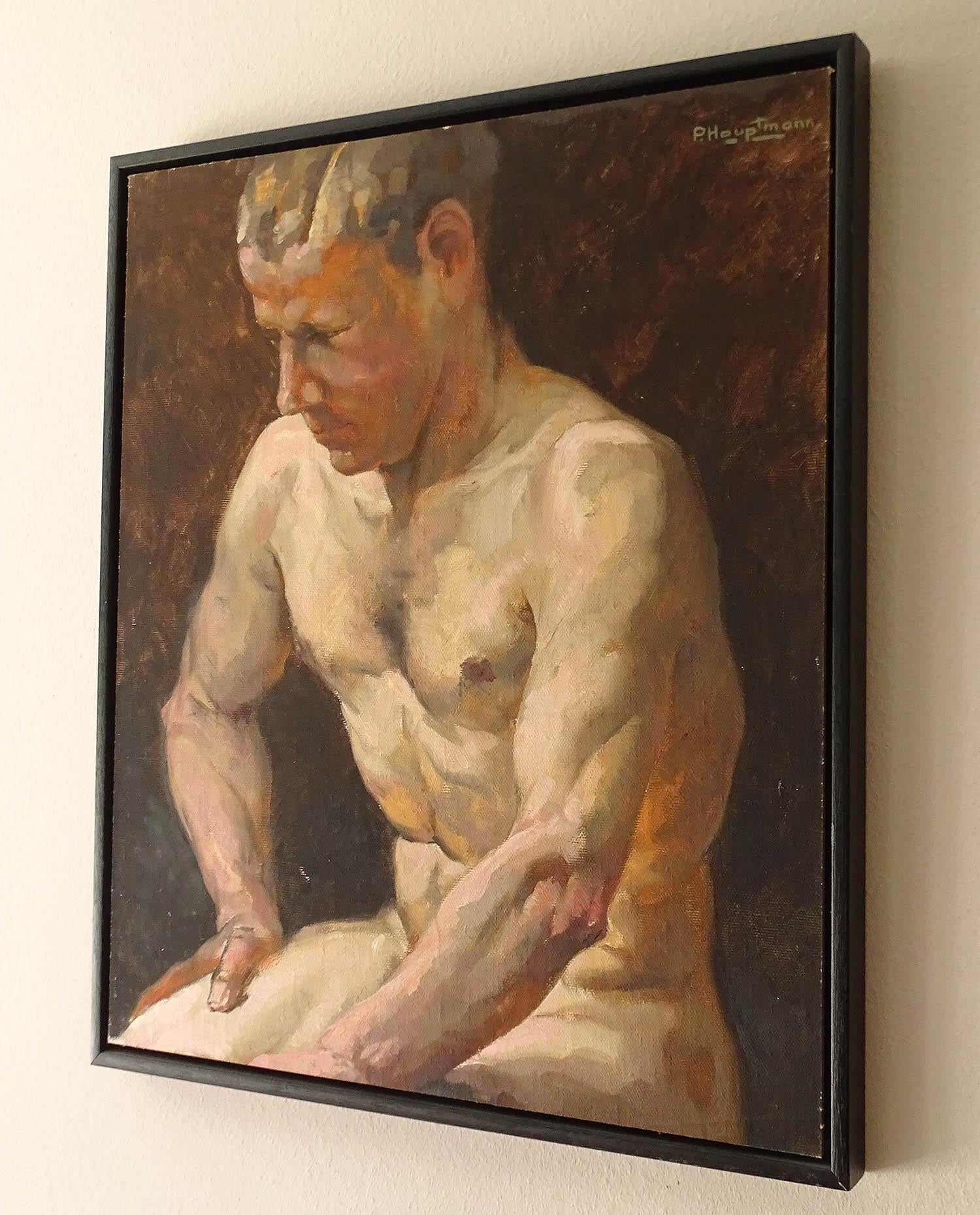 Nude man portrait oil painting by Paul Adolf Hauptmann (1887-1958), circa 1935-1940
Paul Adolf Hauptmann was born the son of an architect and grandson of a blacksmith. At a young age he went to Berlin, where he studied as a master student of