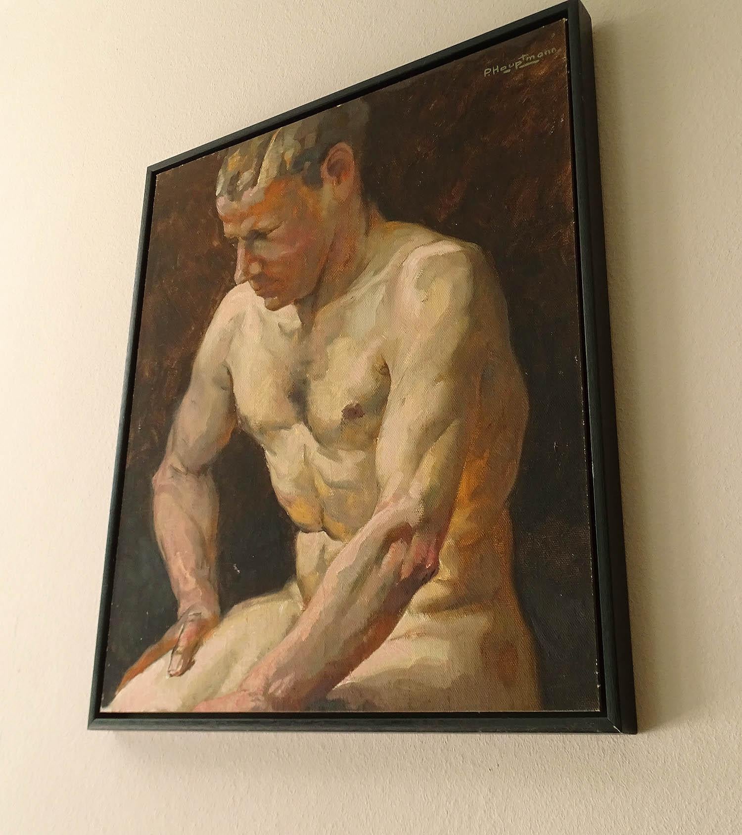 Expressionist 1930s Art Deco Male Men Nude Portrait Study Oil Painting by Paul Adolf Hauptmann