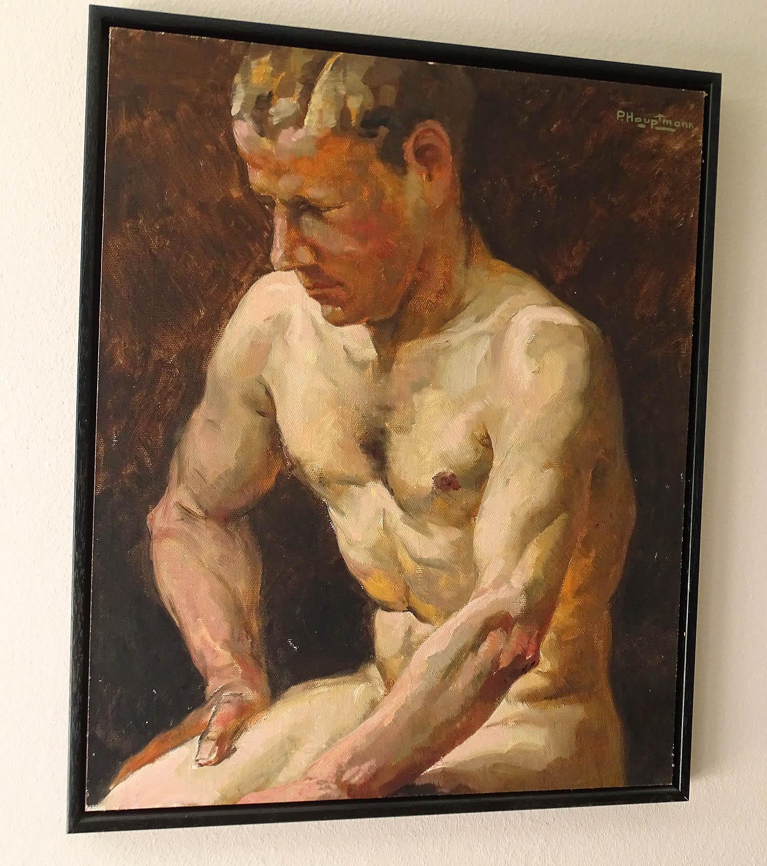 German 1930s Art Deco Male Men Nude Portrait Study Oil Painting by Paul Adolf Hauptmann