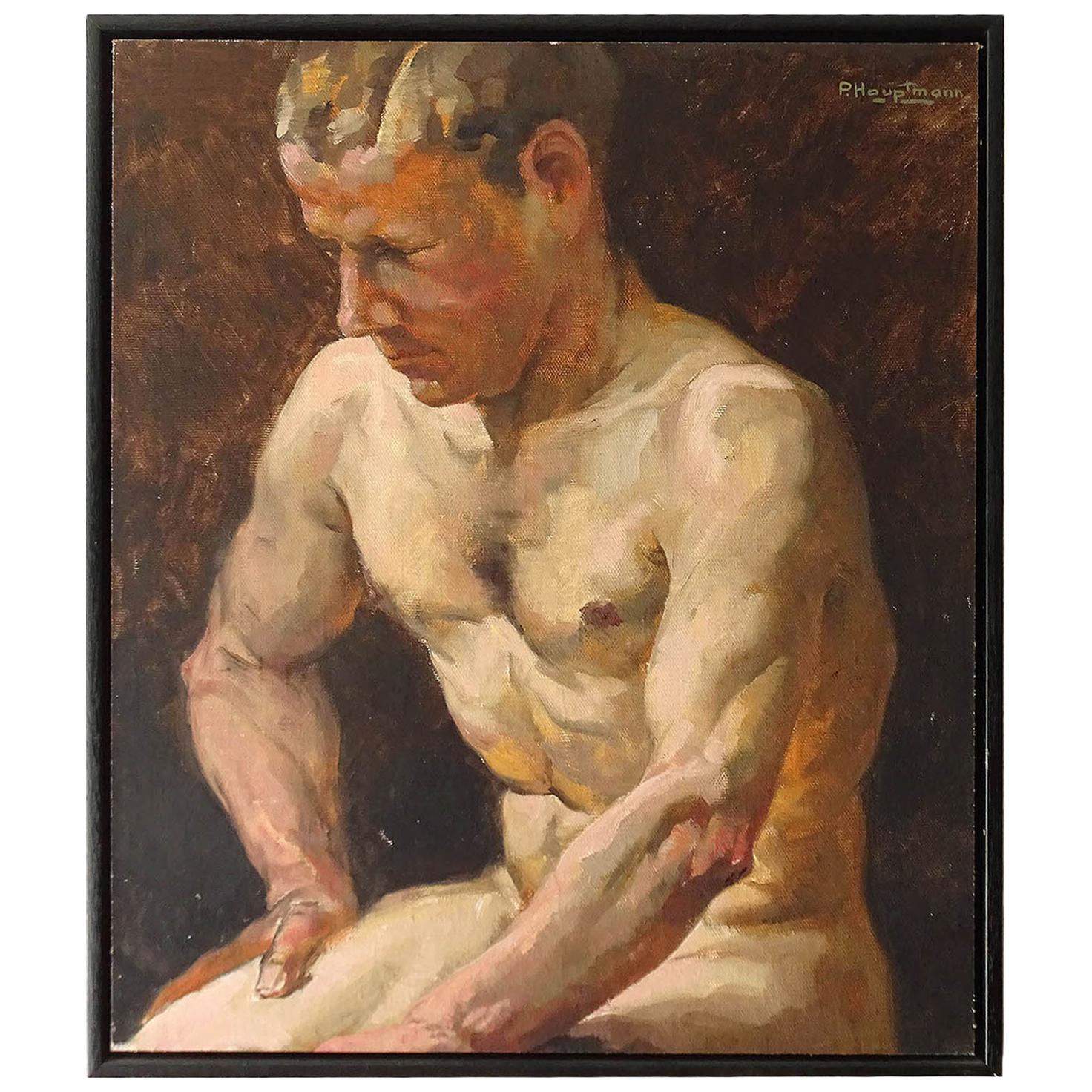 1930s Art Deco Male Men Nude Portrait Study Oil Painting by Paul Adolf Hauptmann