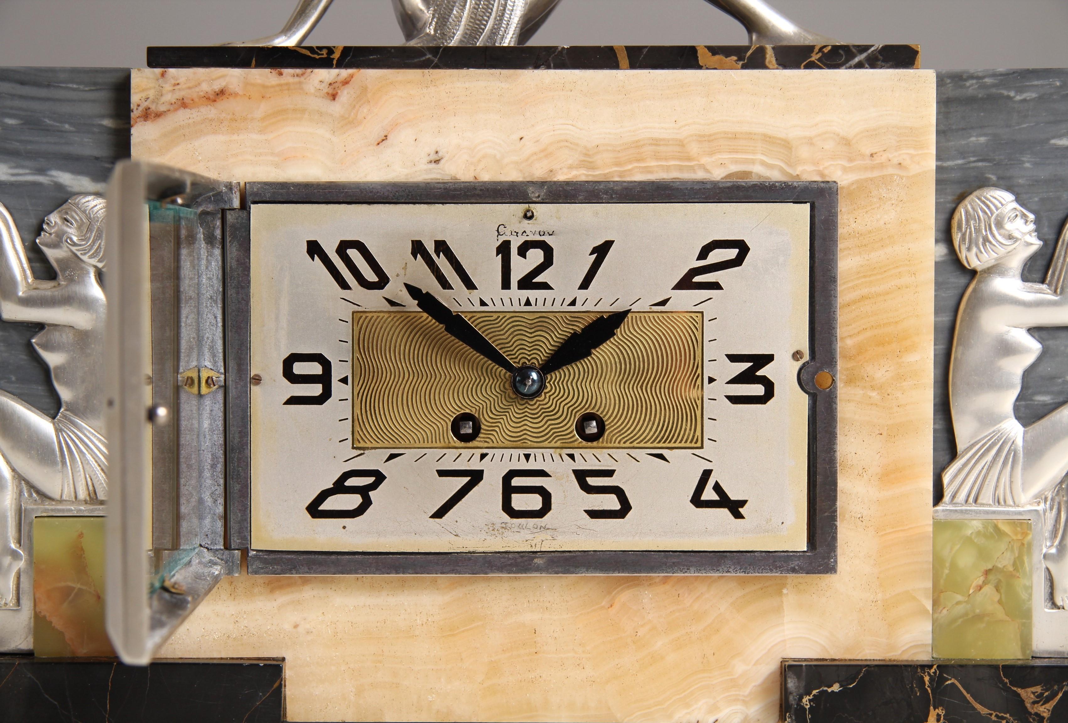 French 1930s Art Deco Mantel Clock with Silver Plated Bronze Figures
