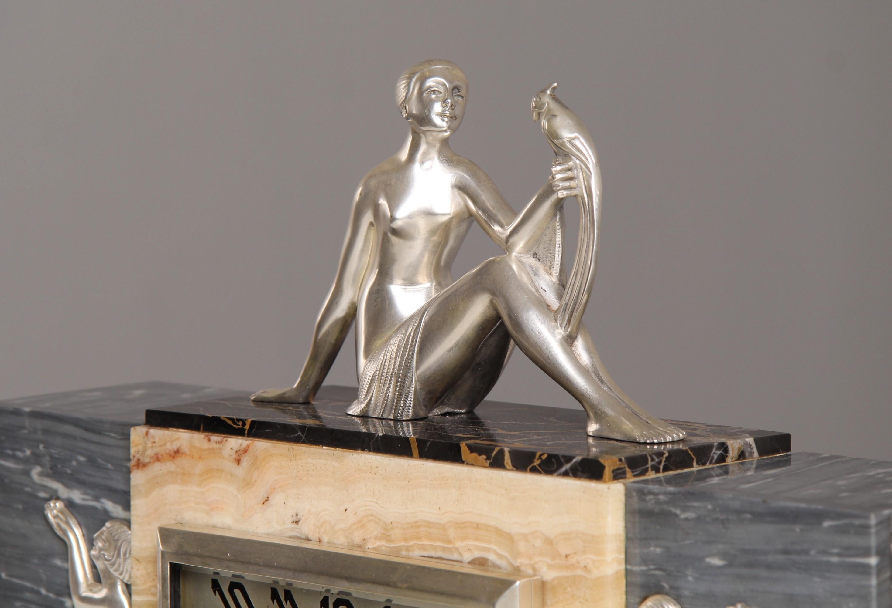 Silvered 1930s Art Deco Mantel Clock with Silver Plated Bronze Figures