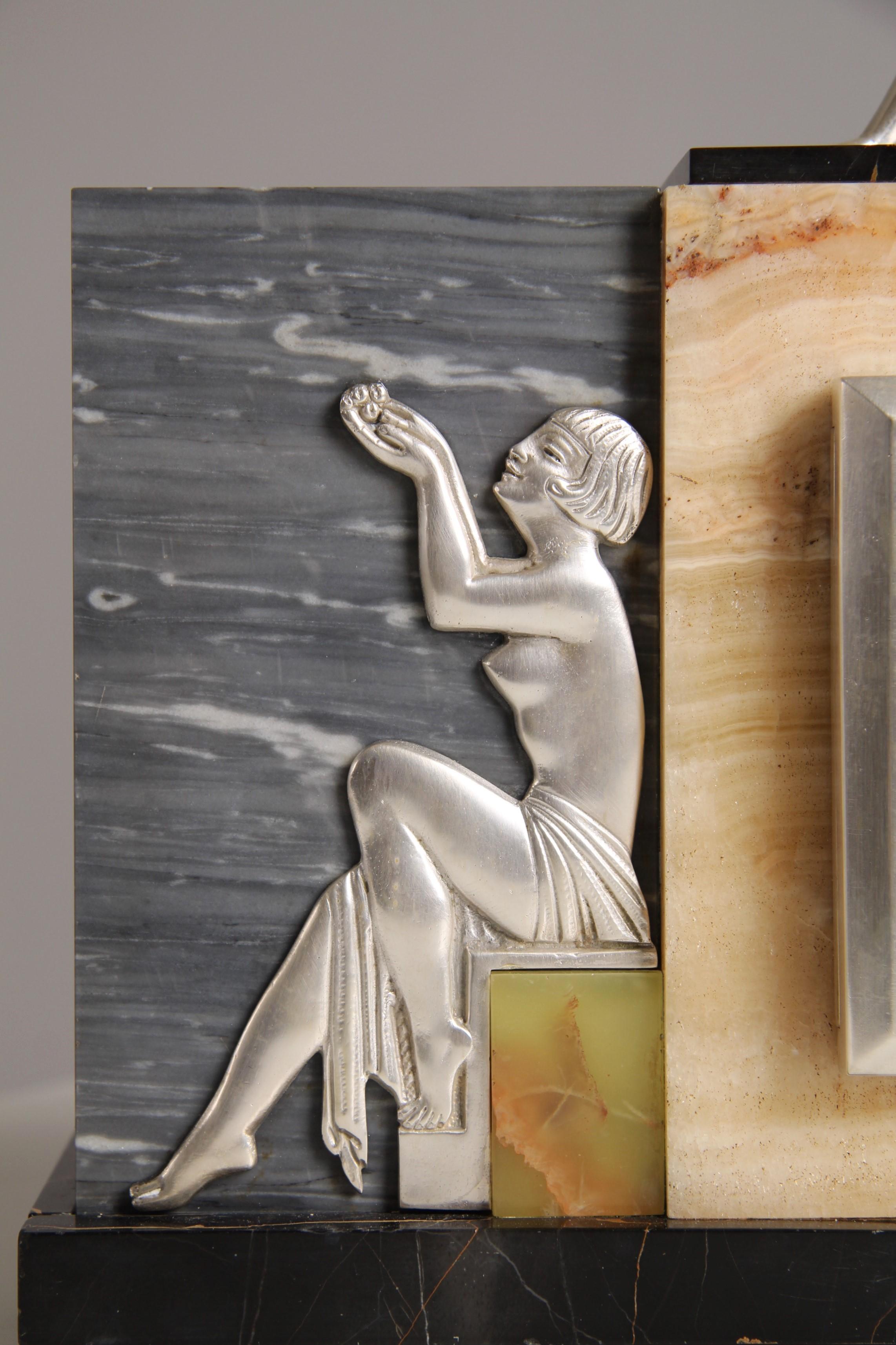 Early 20th Century 1930s Art Deco Mantel Clock with Silver Plated Bronze Figures