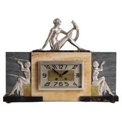 Antique 1930s Art Deco Mantel Clock with Silver Plated Bronze Figures