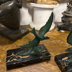 1930s Art Deco Marble and Green Metal French Birds Bookends
