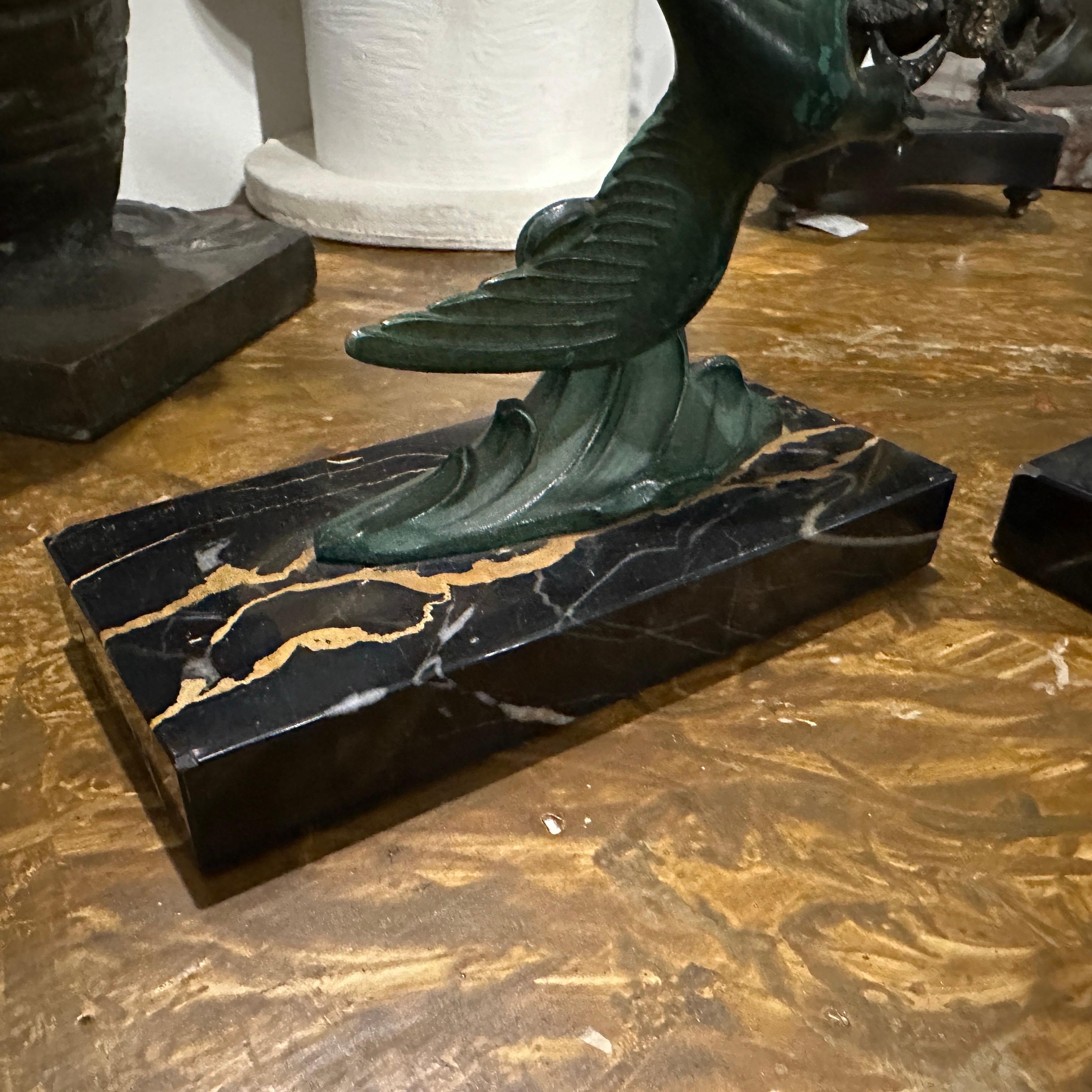 1930s Art Deco Marble and Green Metal French Birds Bookends For Sale 3