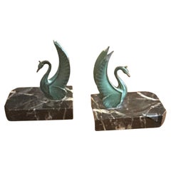 1930s Art Deco Marble and Green Metal French Swan Bookends