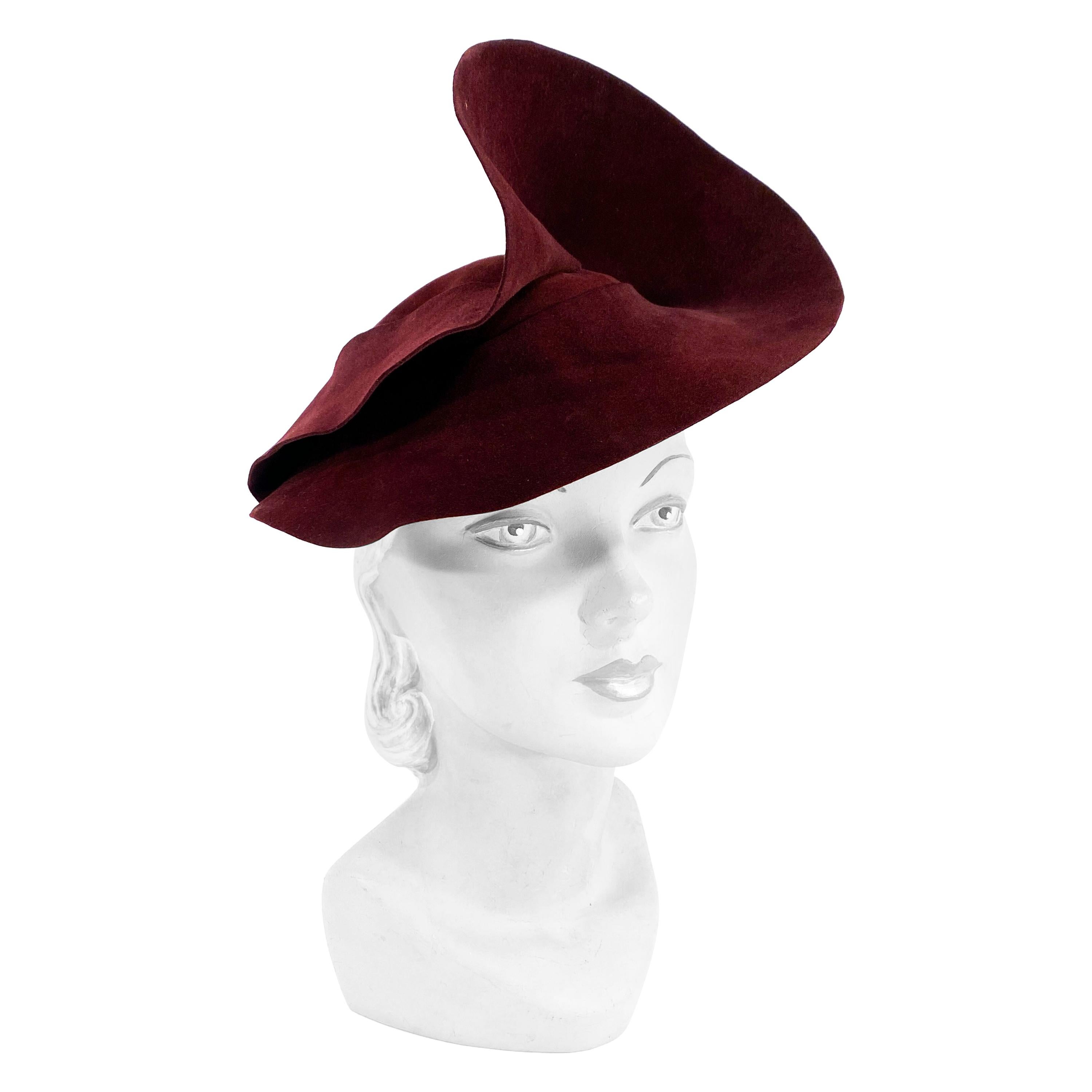 1930s Art Deco Maroon Hand Sculpted Felt Hat For Sale