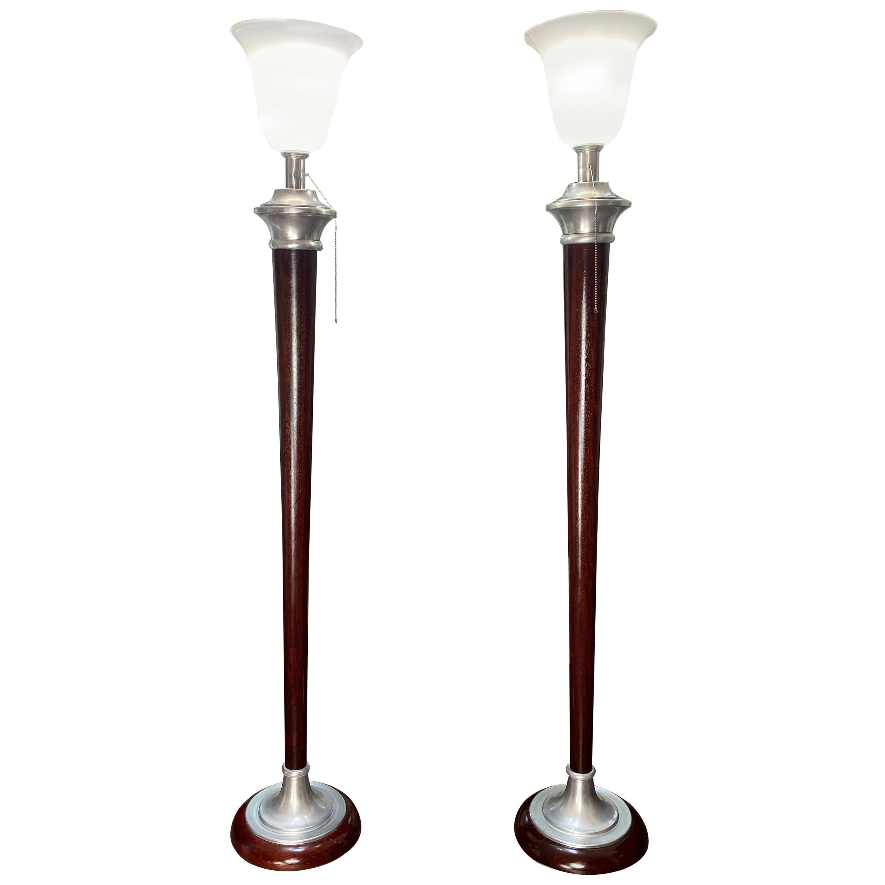 1930s Art Deco Mazda Floor Lamps with Original Stamp, Pair of Torchiere Lamps