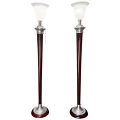 1930s Art Deco Mazda Floor Lamps with Original Stamp, Pair of Torchiere Lamps