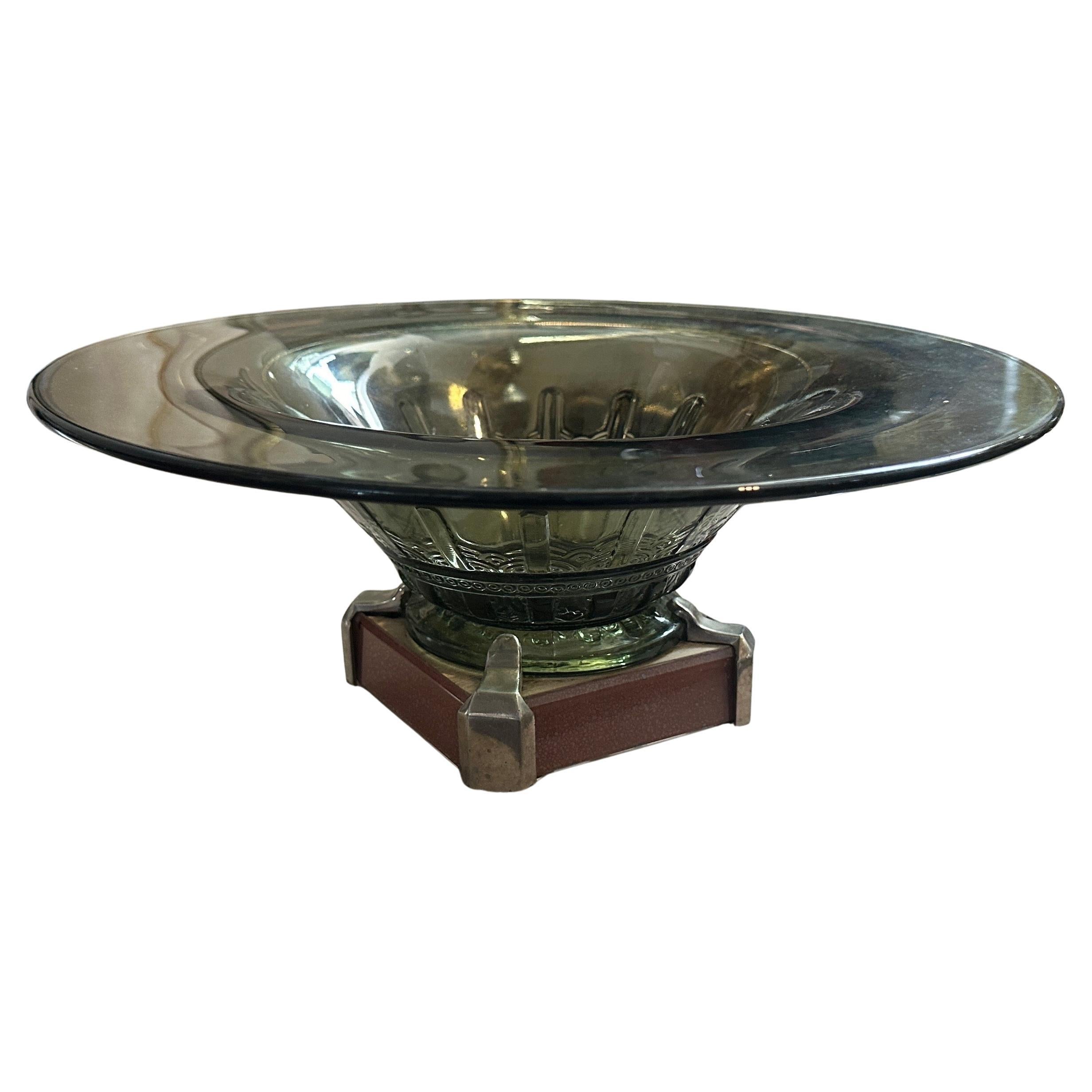 20th Century 1930s Art Deco Metal and Green Glass French Centerpiece For Sale