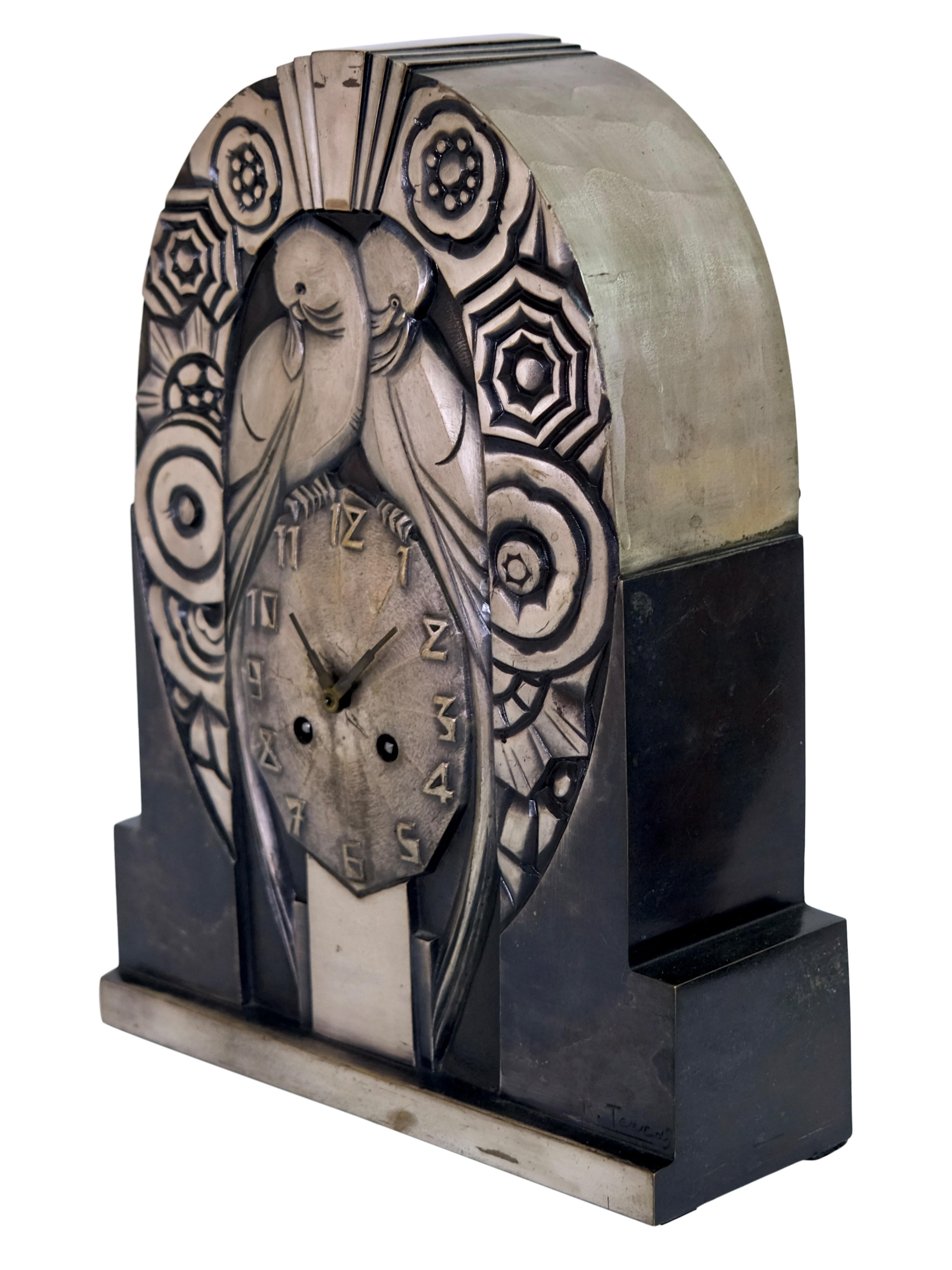 1930s Art Deco Metal Mantel Clock with Bird Motif by R. Terras 1