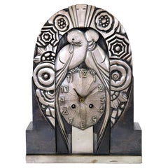 1930s Art Deco Metal Mantel Clock with Bird Motif by R. Terras