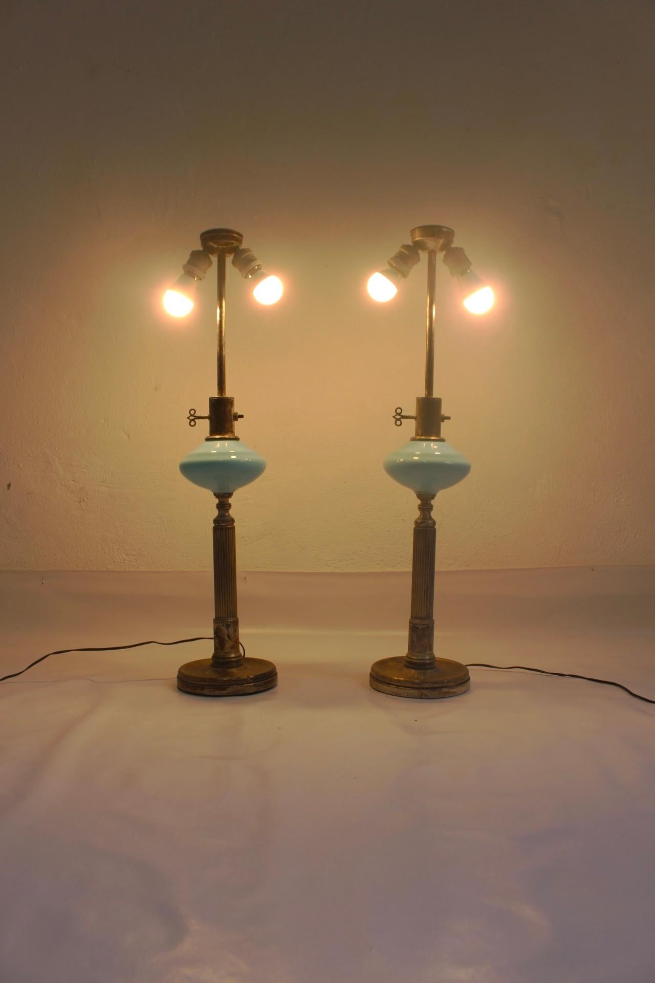 1930s Art Deco Metalarte Blue Opaline Table Lamp, Set of 2 For Sale 4