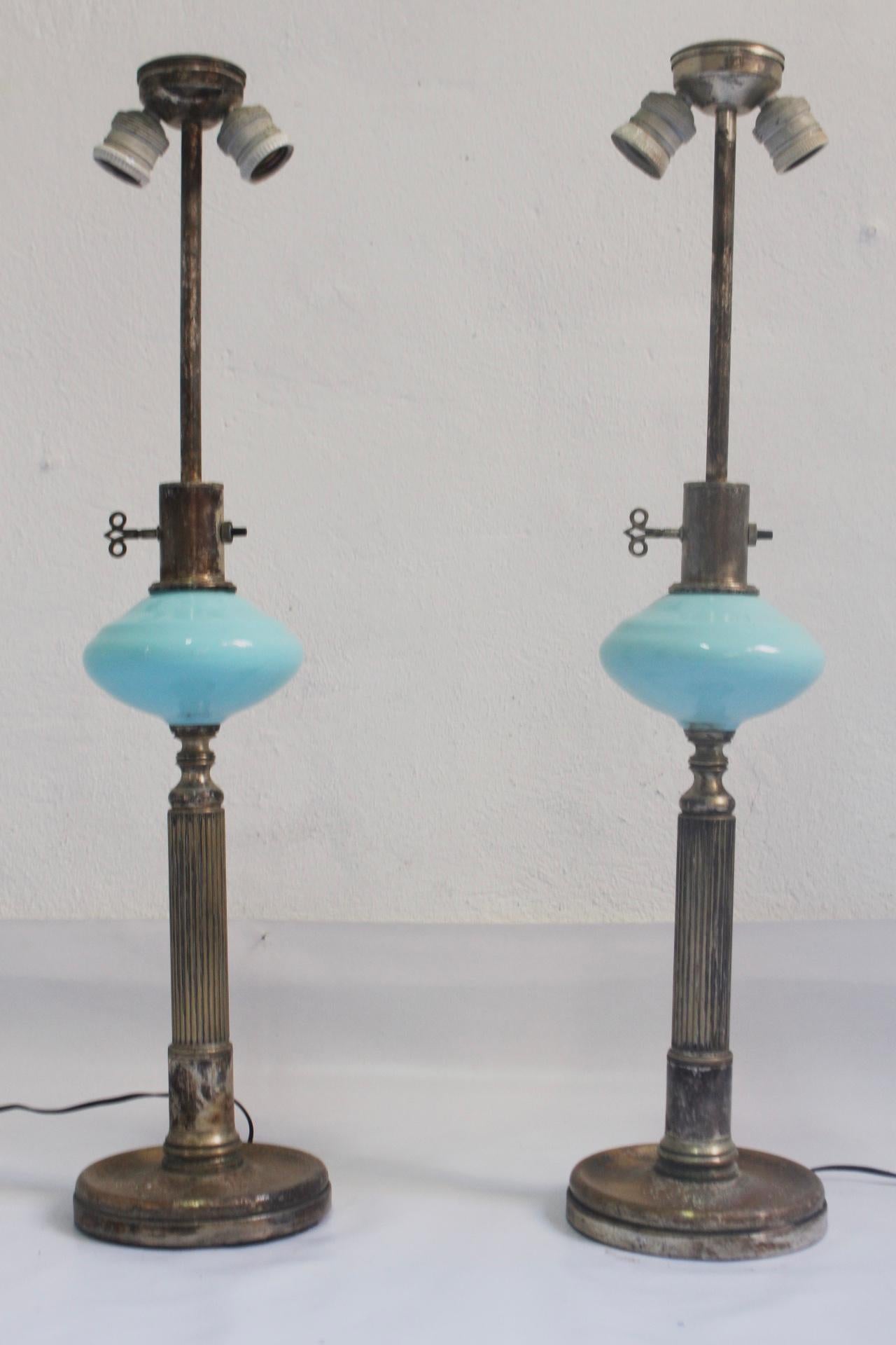 Mid-Century Modern 1930s Art Deco Metalarte Blue Opaline Table Lamp, Set of 2 For Sale