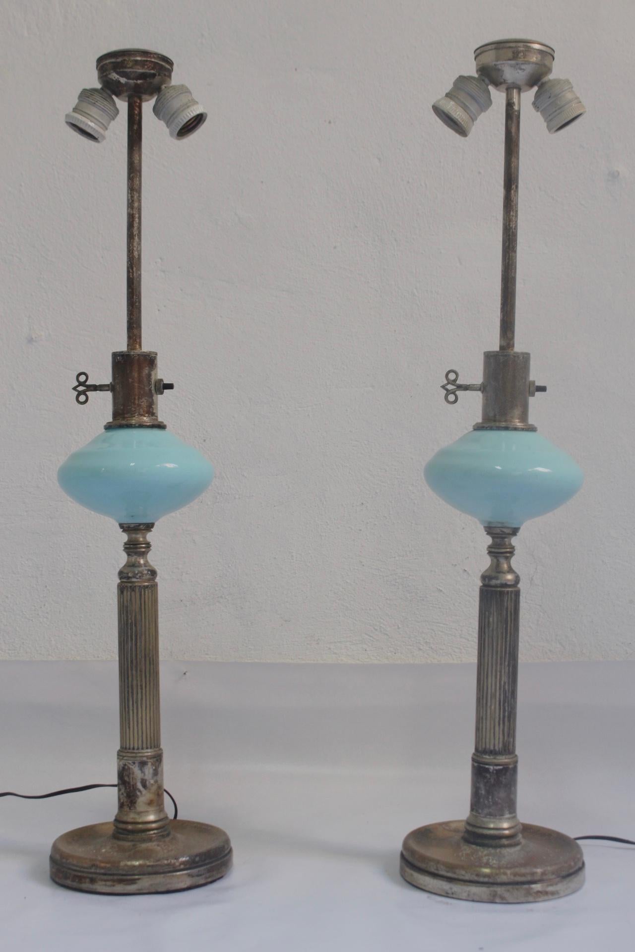 Spanish 1930s Art Deco Metalarte Blue Opaline Table Lamp, Set of 2 For Sale
