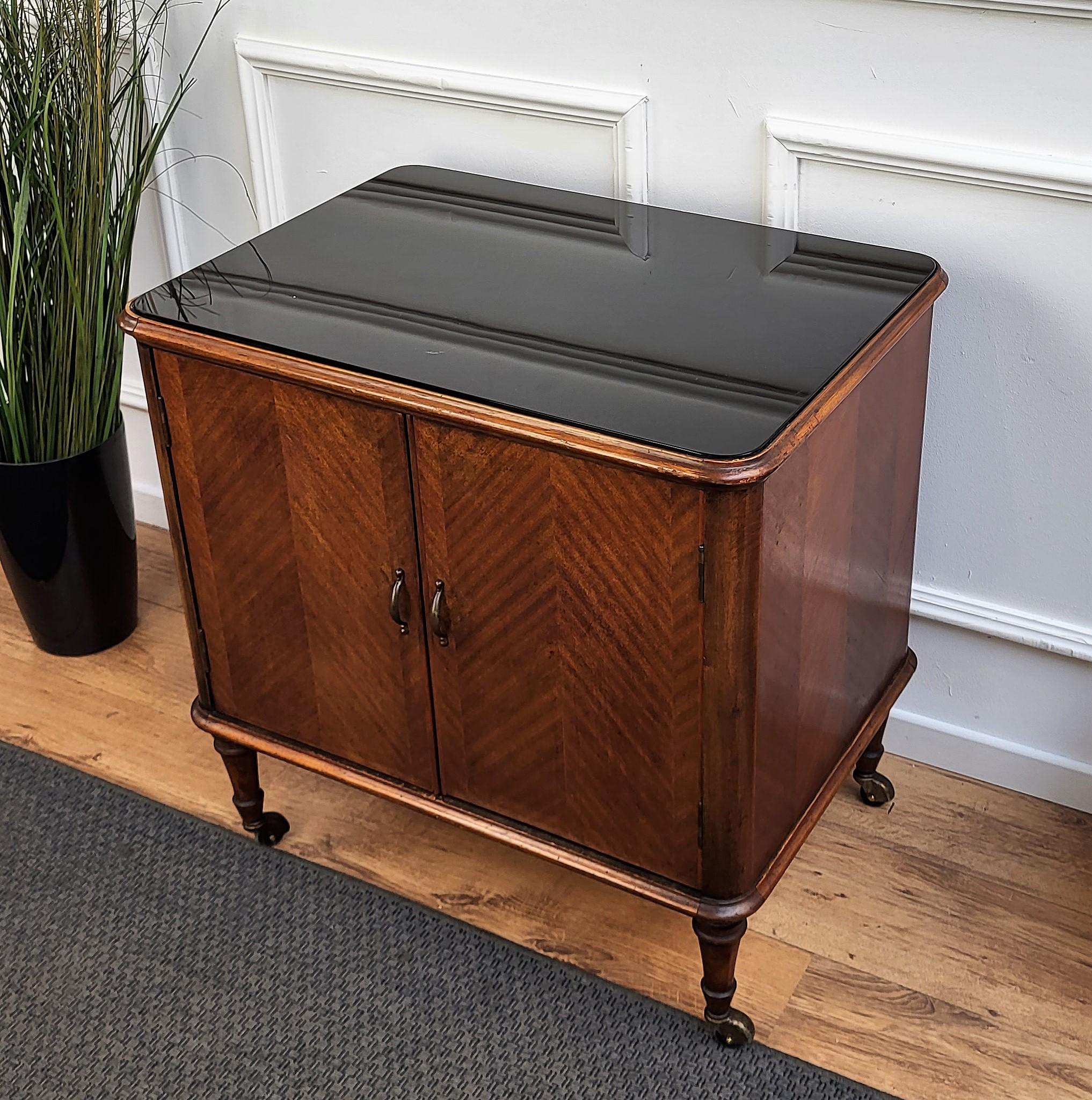 1930s Art Deco Mid-Century Italian Wood Brass Mirror Mosaic Dry Bar Cabinet Cart 1