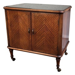 1930s Art Deco Mid-Century Italian Wood Brass Mirror Mosaic Dry Bar Cabinet Cart