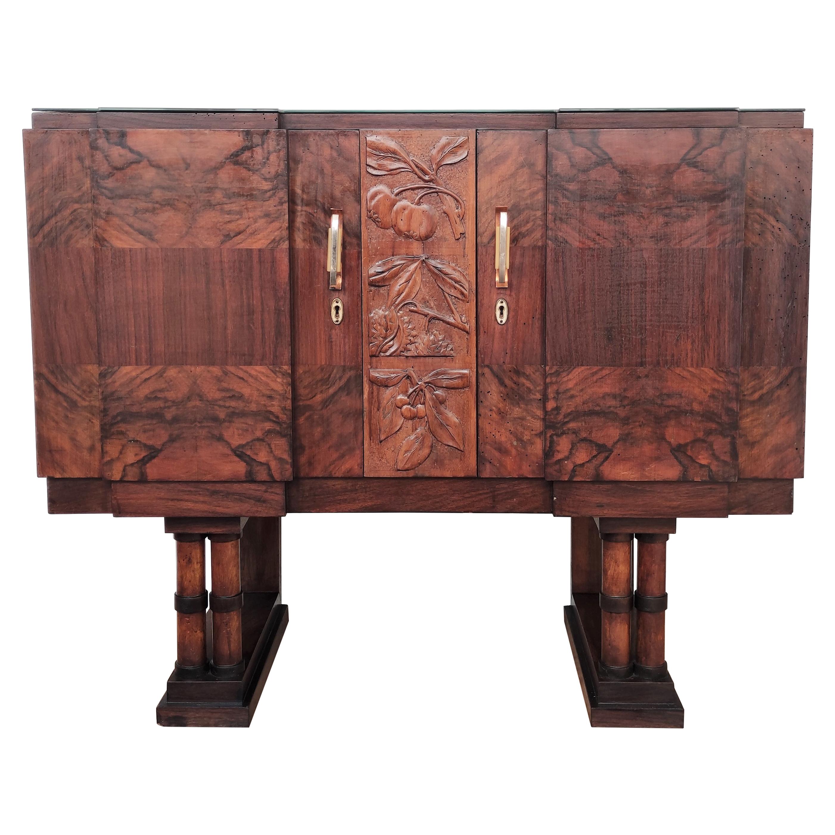 1930s Art Deco Midcentury Regency Italian Walnut Burl Sideboard Dry Bar Cabinet