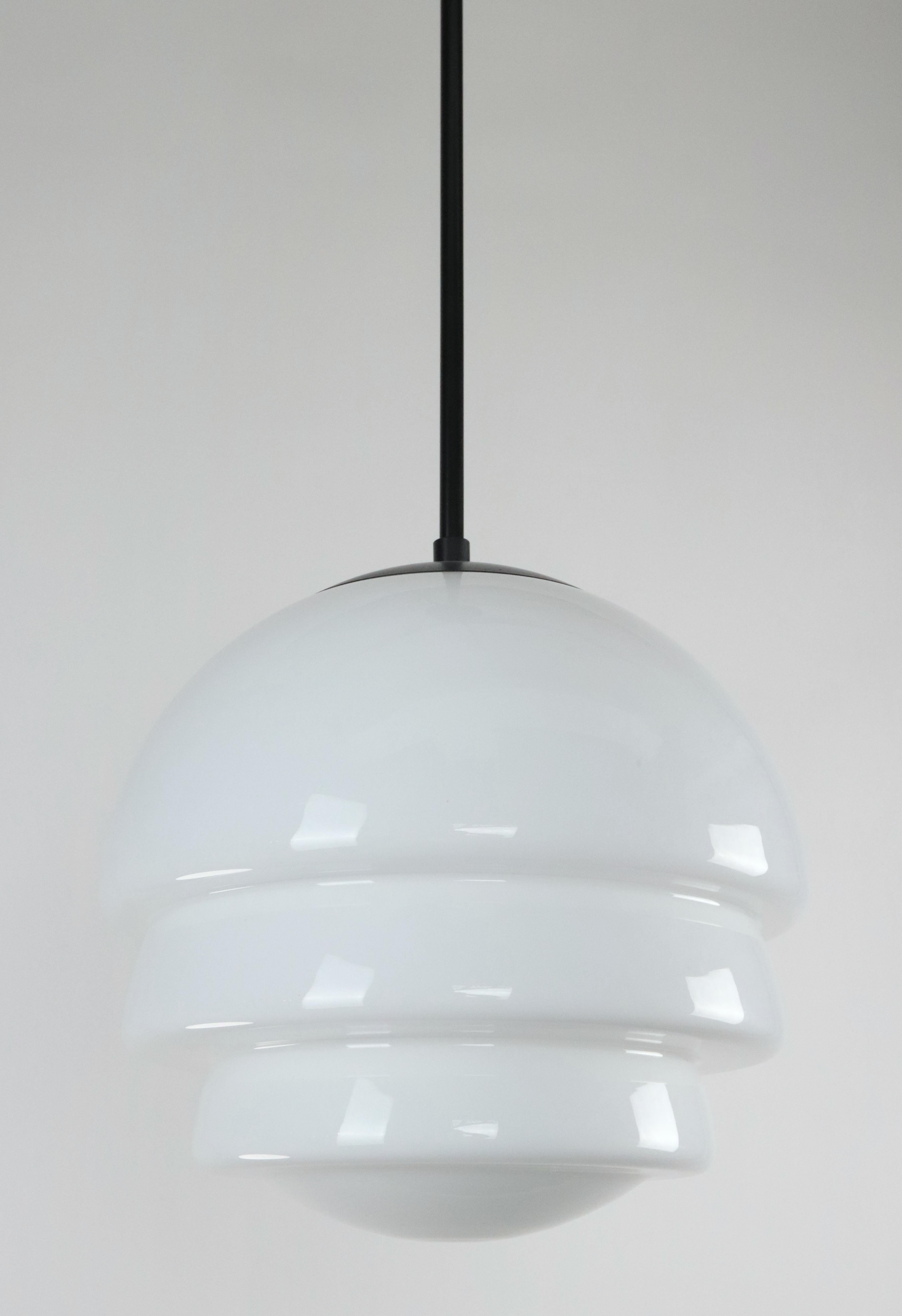 Art Deco Style Milk Glass & Black Steel Pendant Light In Good Condition For Sale In New York, NY
