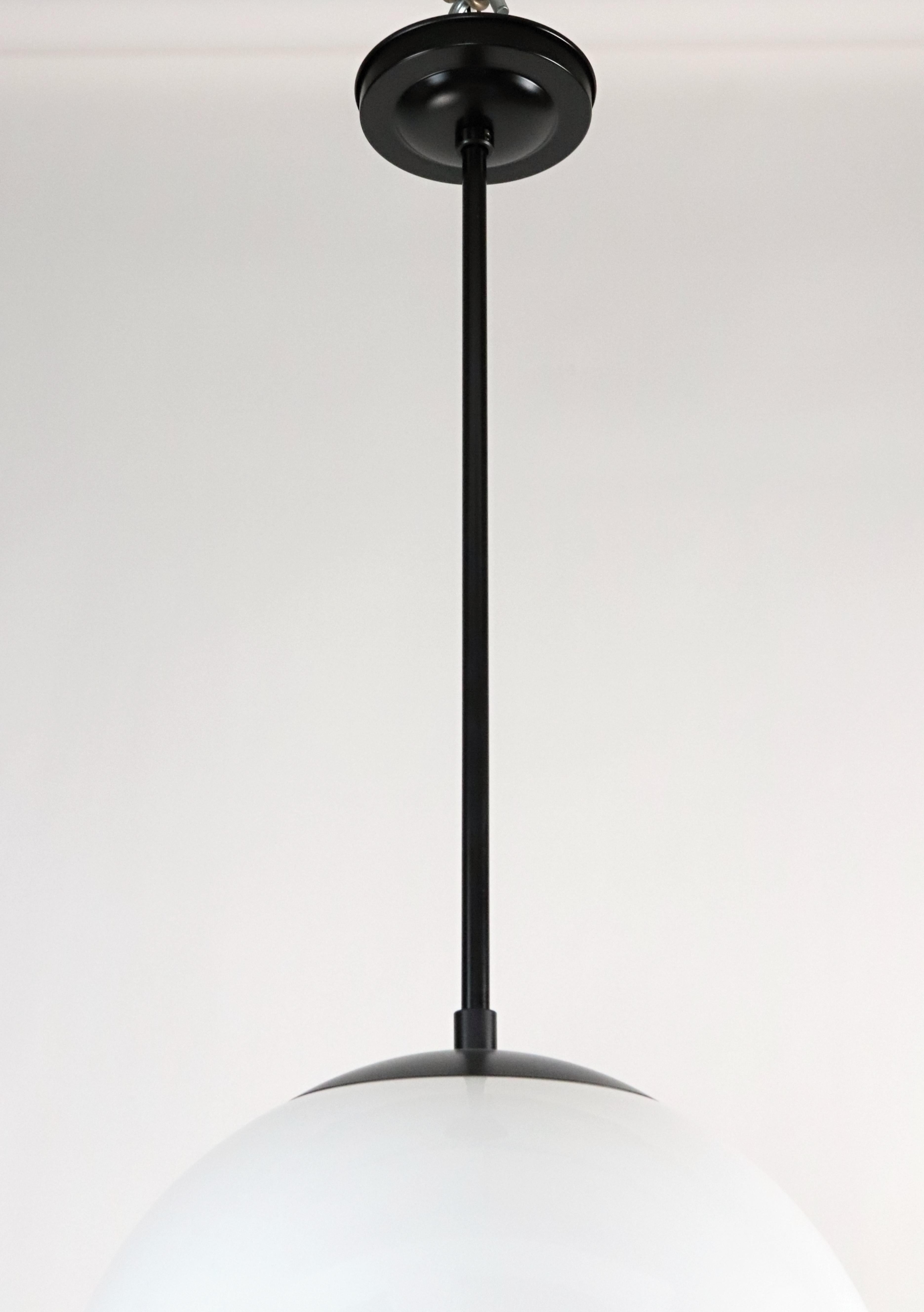 20th Century Art Deco Style Milk Glass & Black Steel Pendant Light For Sale