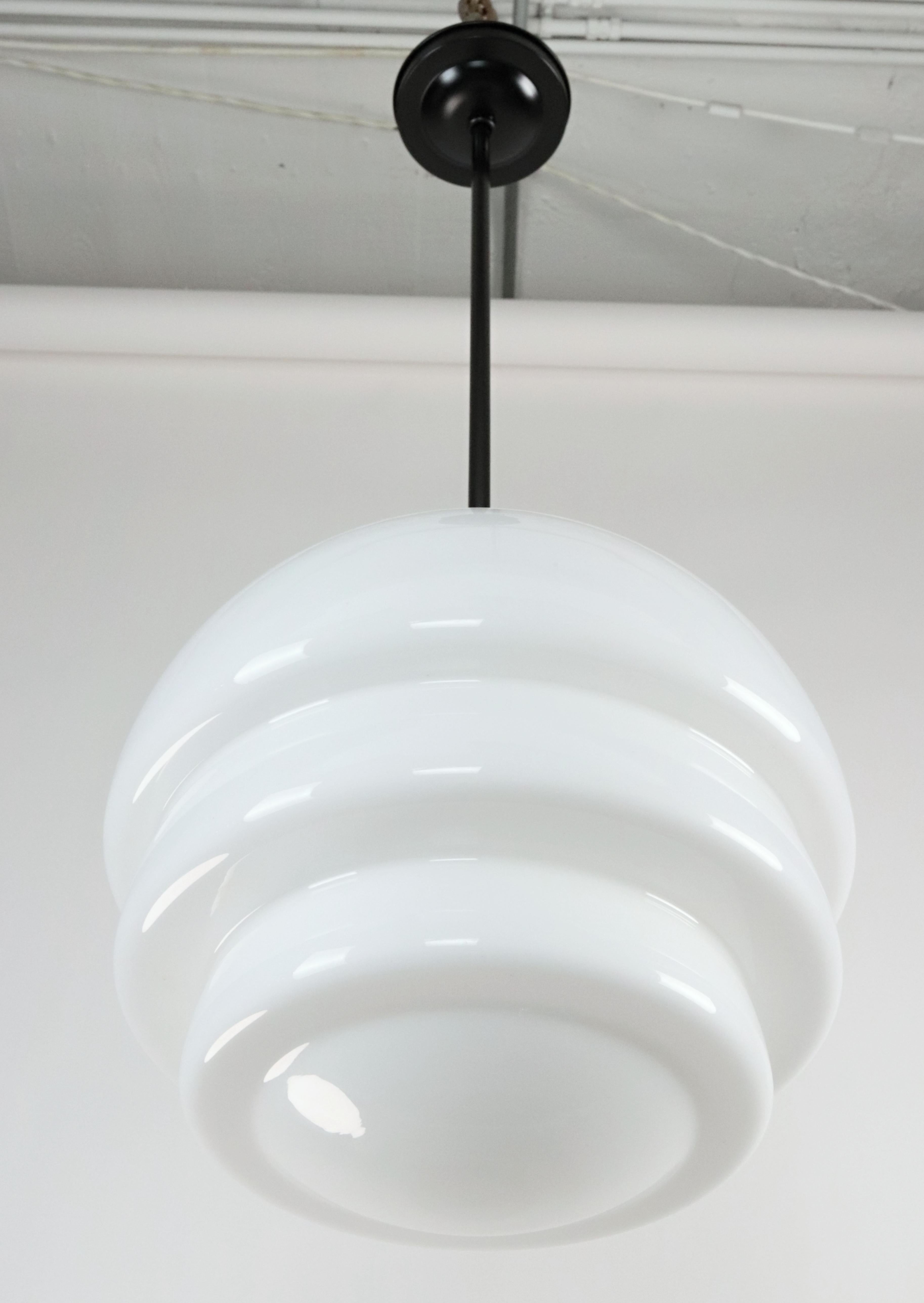 Art Deco Style Milk Glass & Black Steel Pendant Light For Sale 1