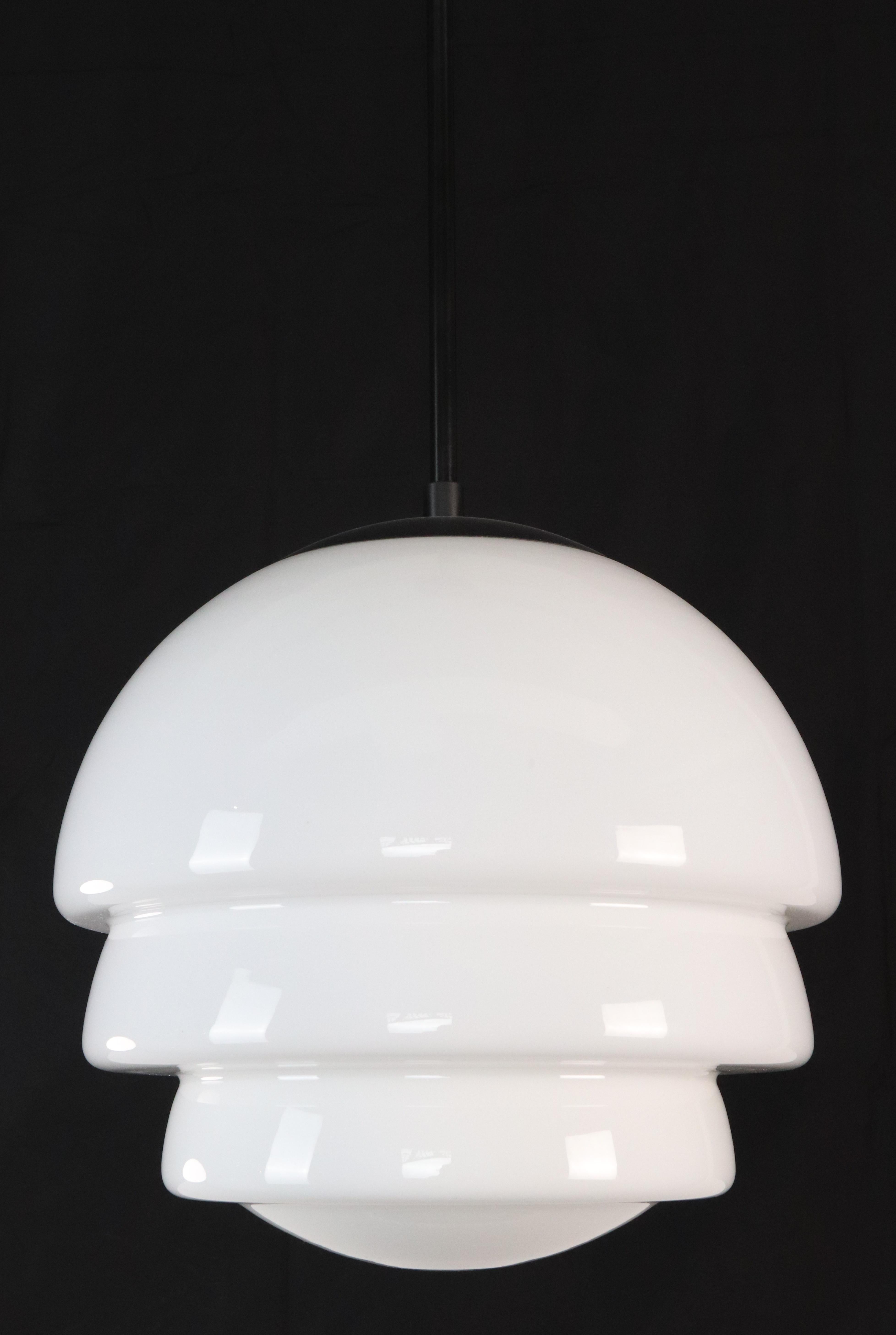 Art Deco Style Milk Glass & Black Steel Pendant Light For Sale 2