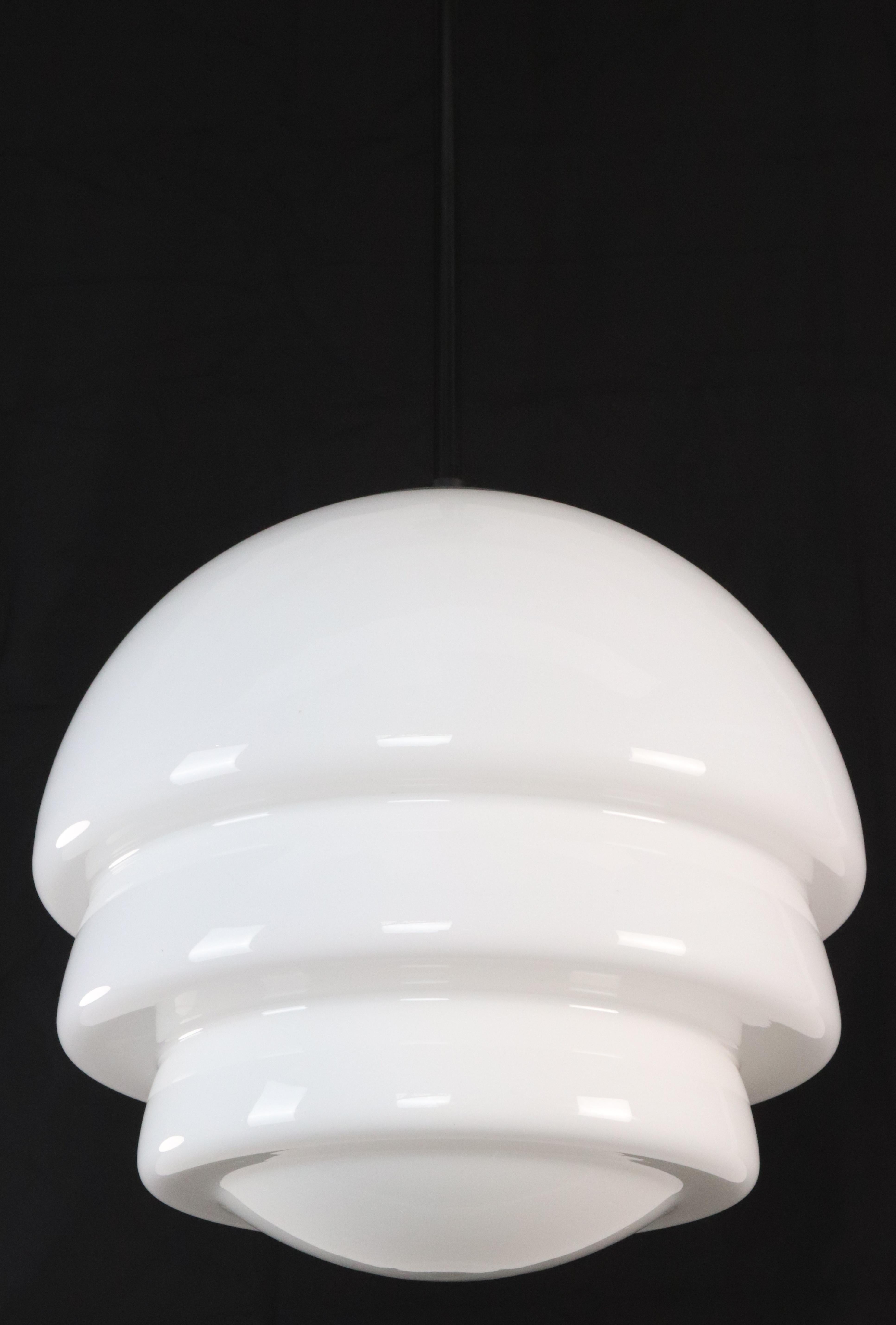 Art Deco Style Milk Glass & Black Steel Pendant Light For Sale 3
