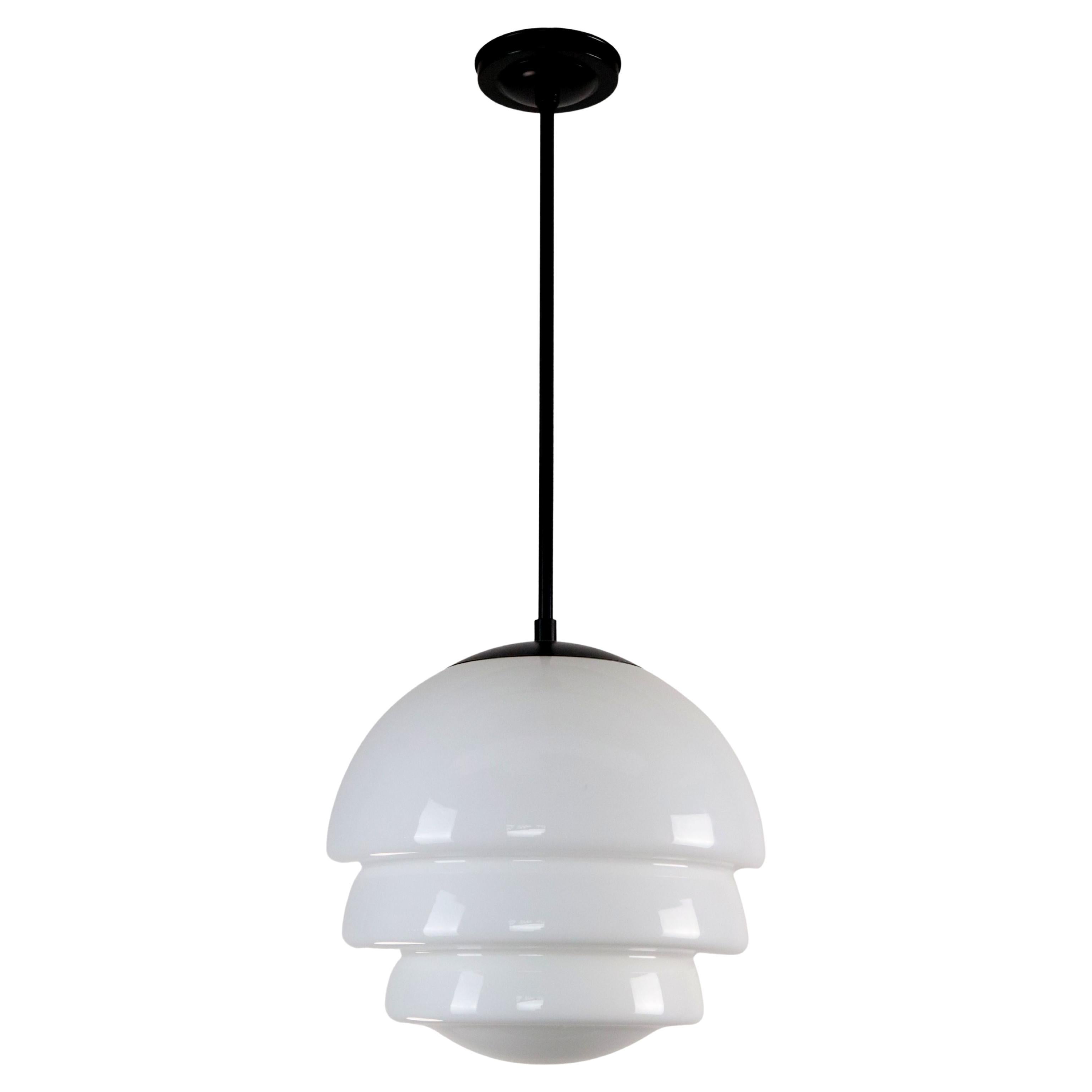 Art Deco Style Milk Glass & Black Steel Pendant Light For Sale
