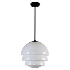 Art Deco Style Milk Glass & Black Steel Pendant Light