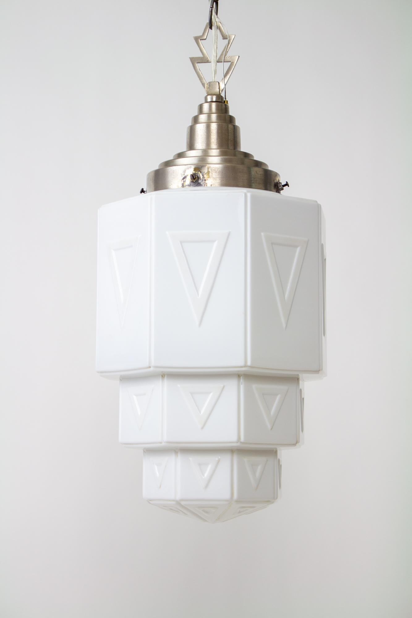 1930's Art Deco Milk Glass Geometric Pendant For Sale 2