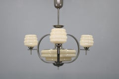 1930s Art Deco Nickel and Cream Glass Chandelier