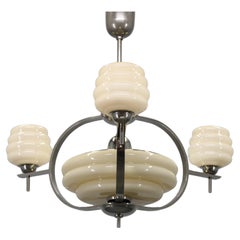 1930s Art Deco Nickel and Cream Glass Chandelier