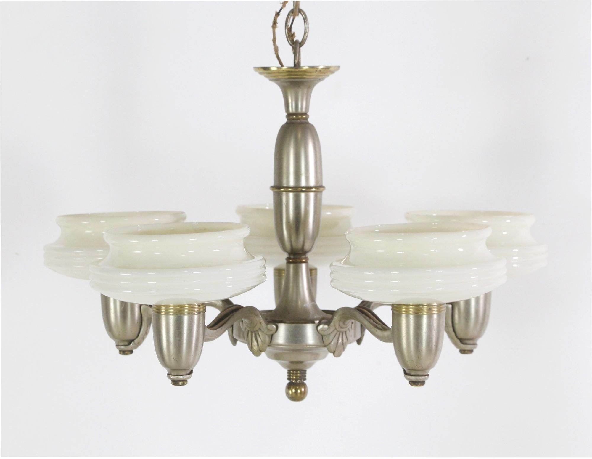 American 1930s Art Deco Nickel Brass 5 Arm Chandelier White Glass Shades For Sale
