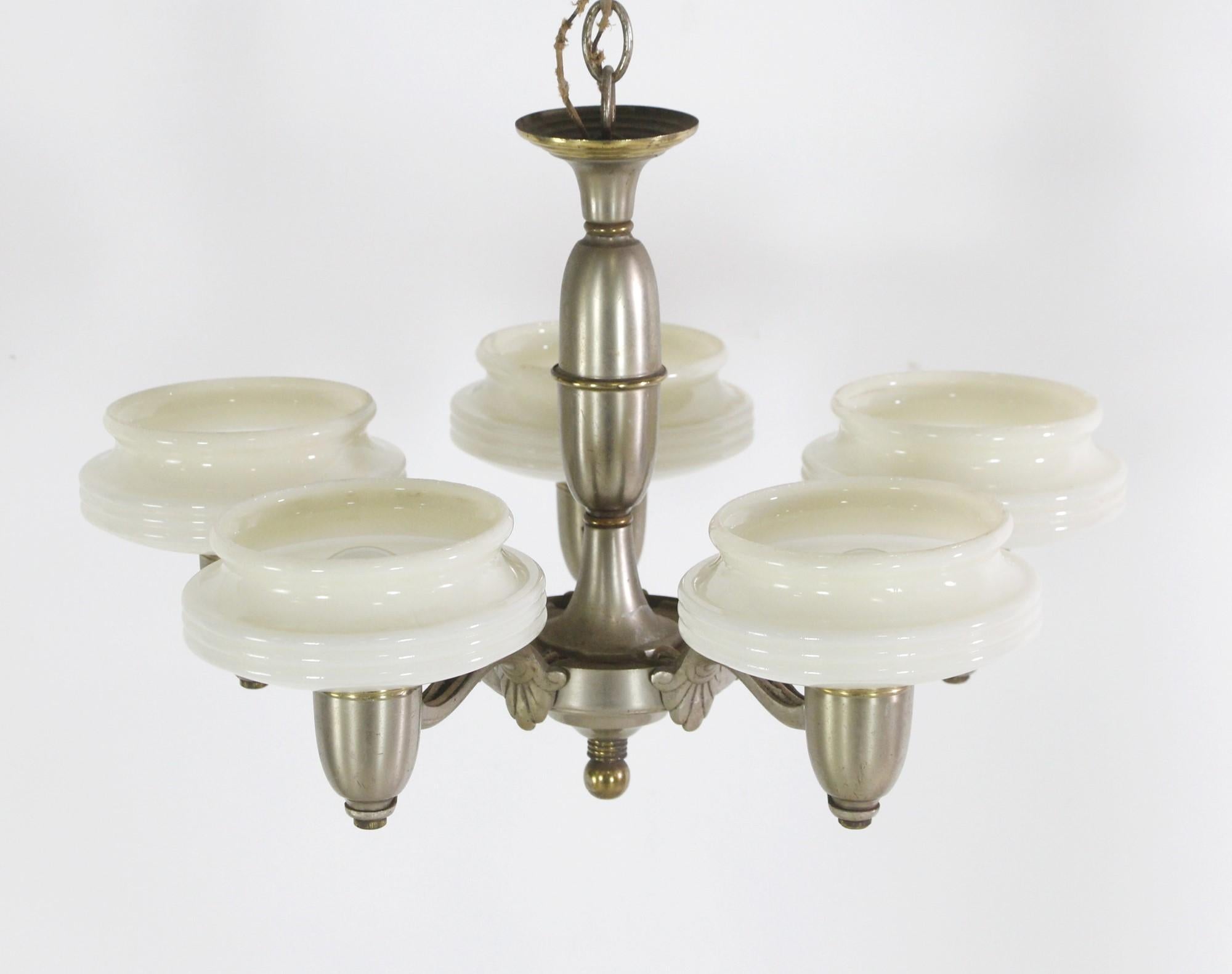 American 1930s Art Deco Nickel Brass 5 Arm Chandelier White Glass Shades For Sale