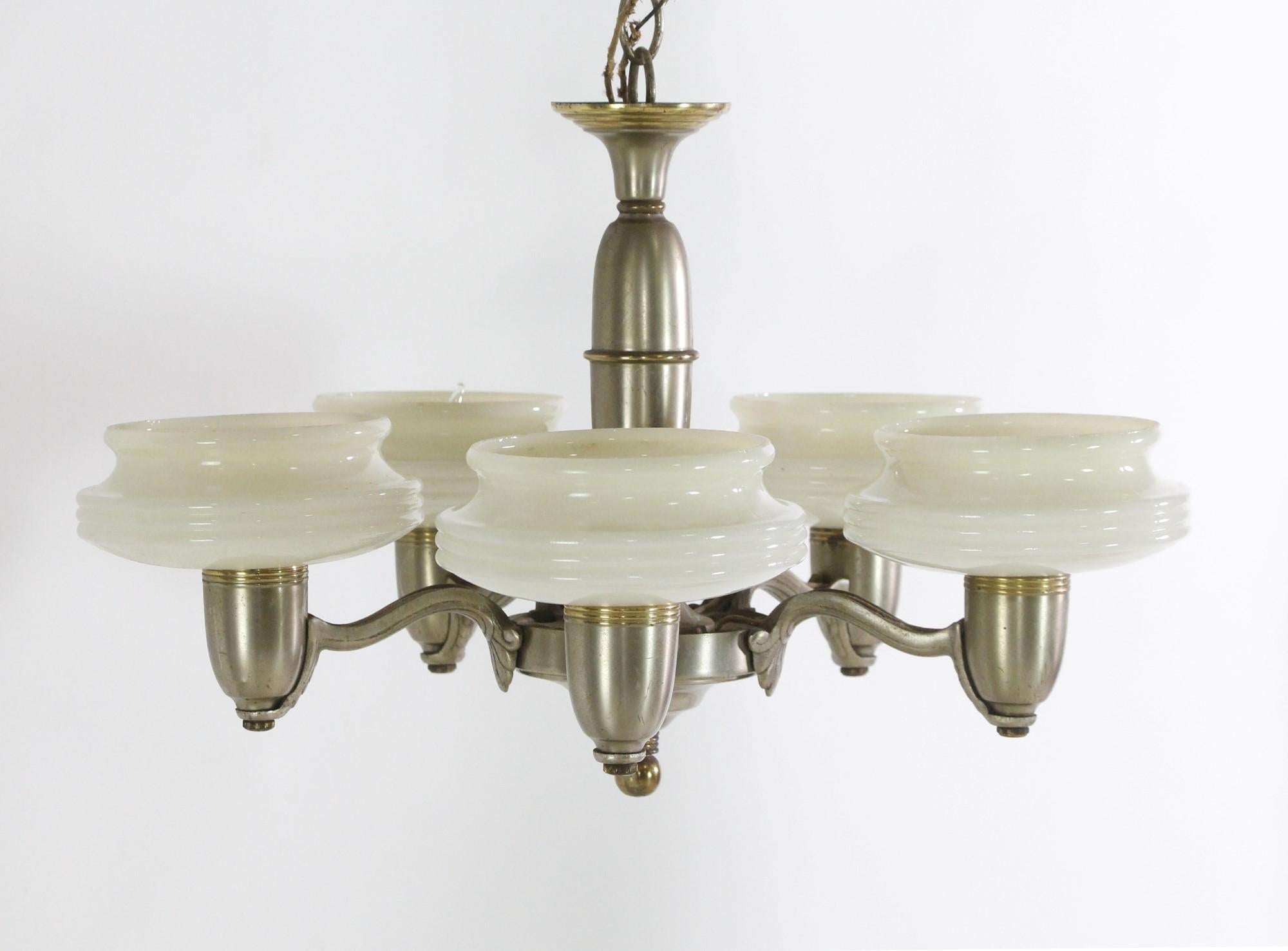 Mid-20th Century 1930s Art Deco Nickel Brass 5 Arm Chandelier White Glass Shades For Sale
